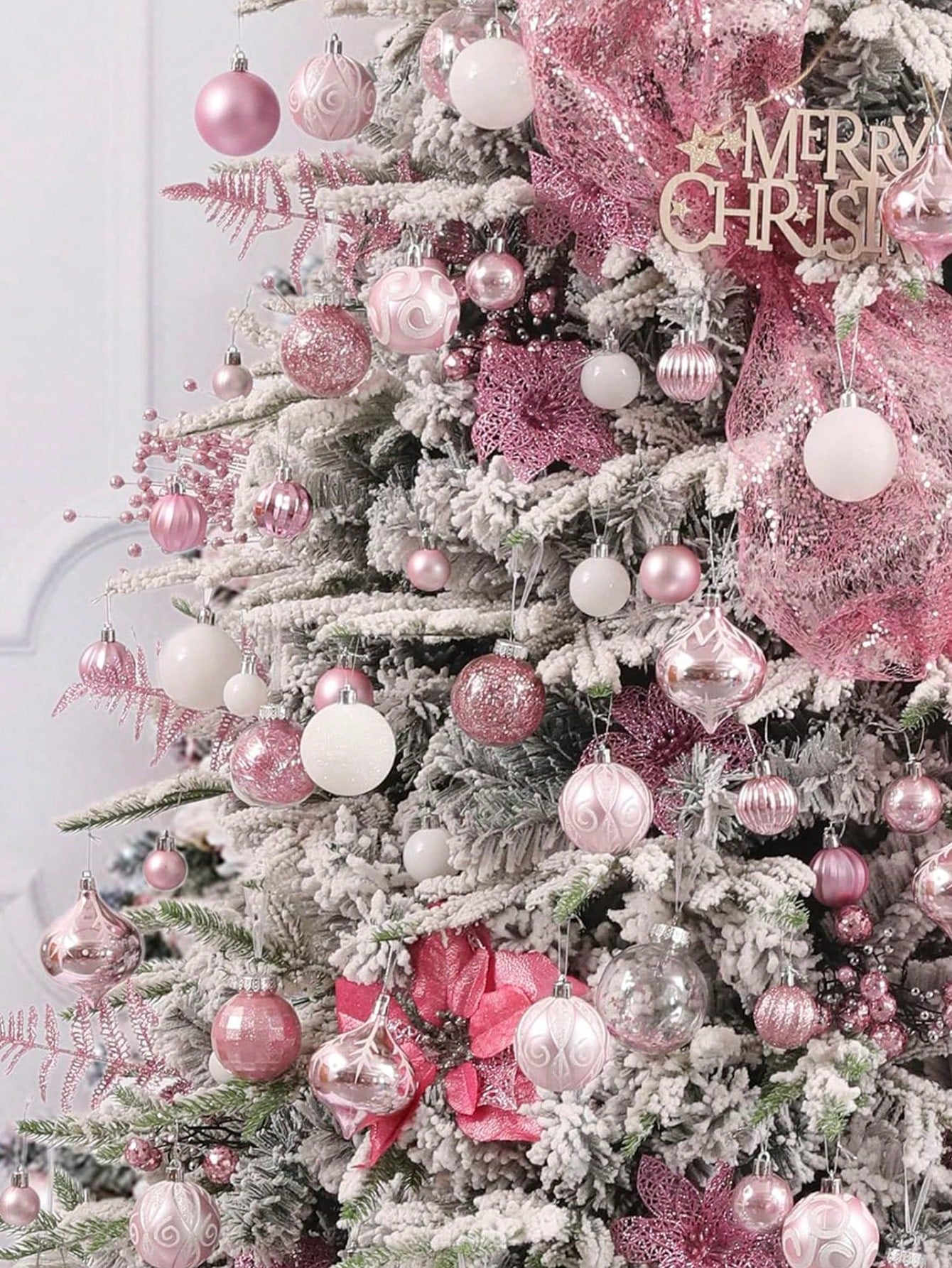 44pcs-Christmas Ball Ornaments Pink And White Christmas Ornaments Set And Christmas Flower For Christmas Tree Decoration Shatterproof Christmas Hanging Balls For Xmas Halloween Party Home Decor,Christmas