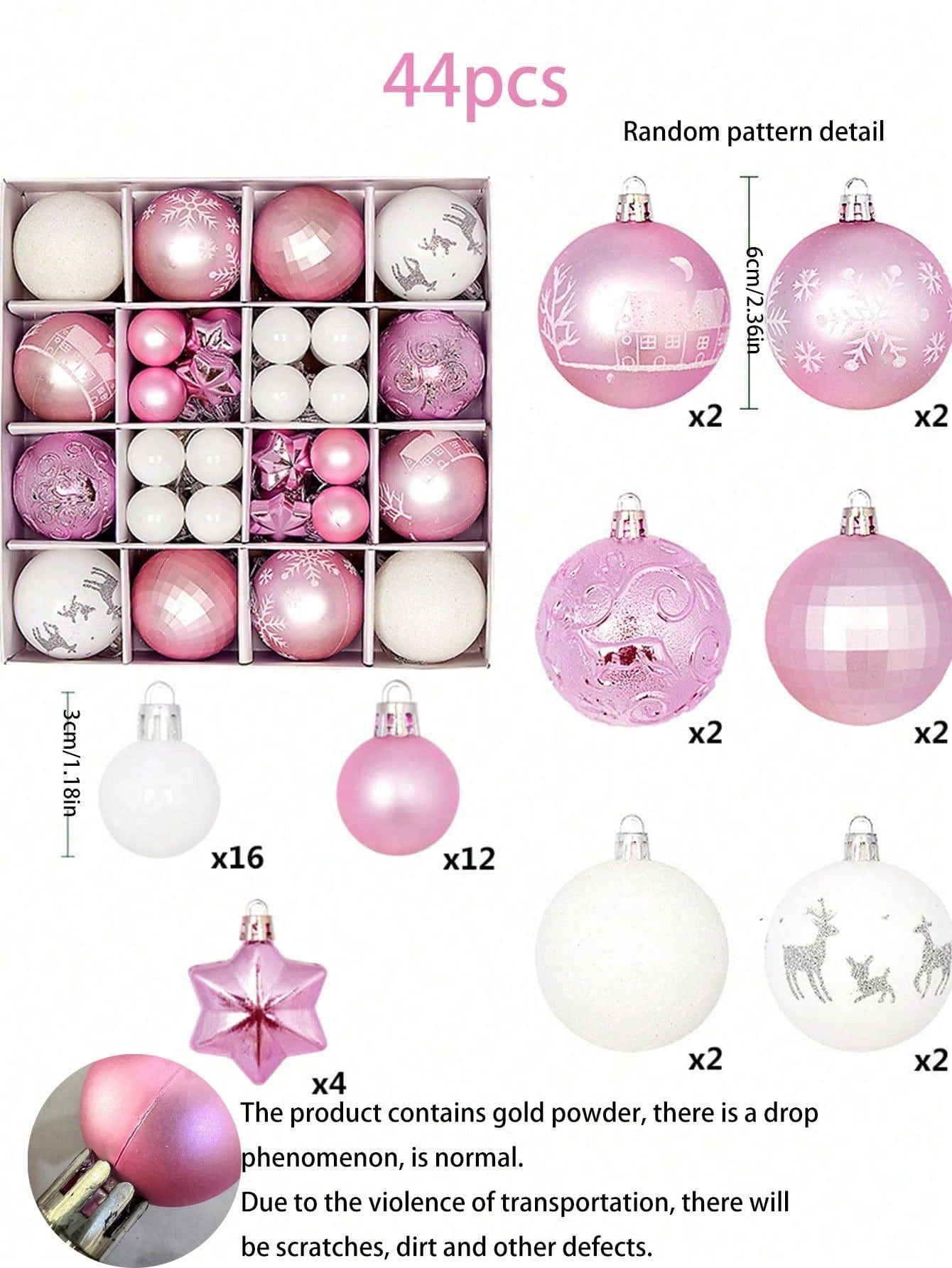 44pcs-Christmas Ball Ornaments Pink And White Christmas Ornaments Set And Christmas Flower For Christmas Tree Decoration Shatterproof Christmas Hanging Balls For Xmas Halloween Party Home Decor,Christmas