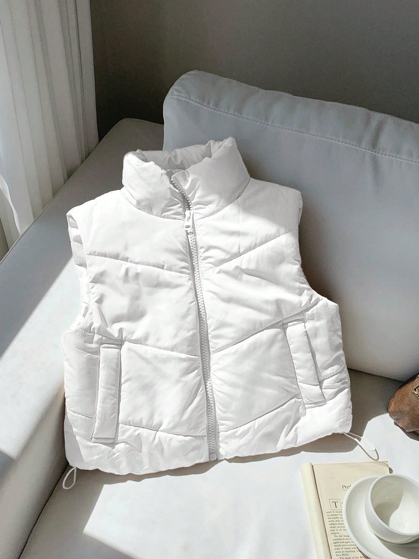 Comfortcana Winter Zip Up Double Face Snap Button Corduroy Drawstring Puffer Vest Coat