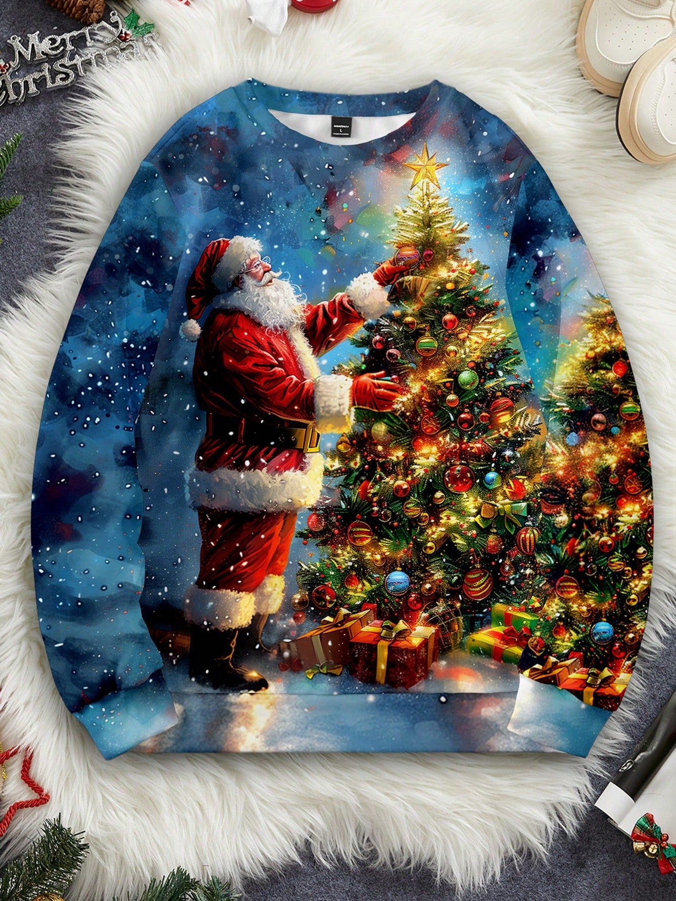 Manfinity Homme Christmas Casual Santa Claus And Christmas Tree Graphic Printed Men Close Fit Round Neck Sweatshirt With Fleece Lining