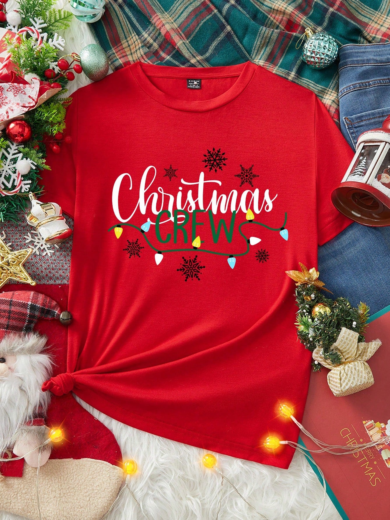 Essnce Christmas Crew Lights Shirt, Christmas Crew Sweatshirt, Merry Christmas Lights Shirt, Xmas Shirt, Christmas Gift, Christmas Holiday Gift,Casual Simple Christmas Loose Fit Crew Neck Short Sleeve T-Shirt For Women, Suitable For Summer