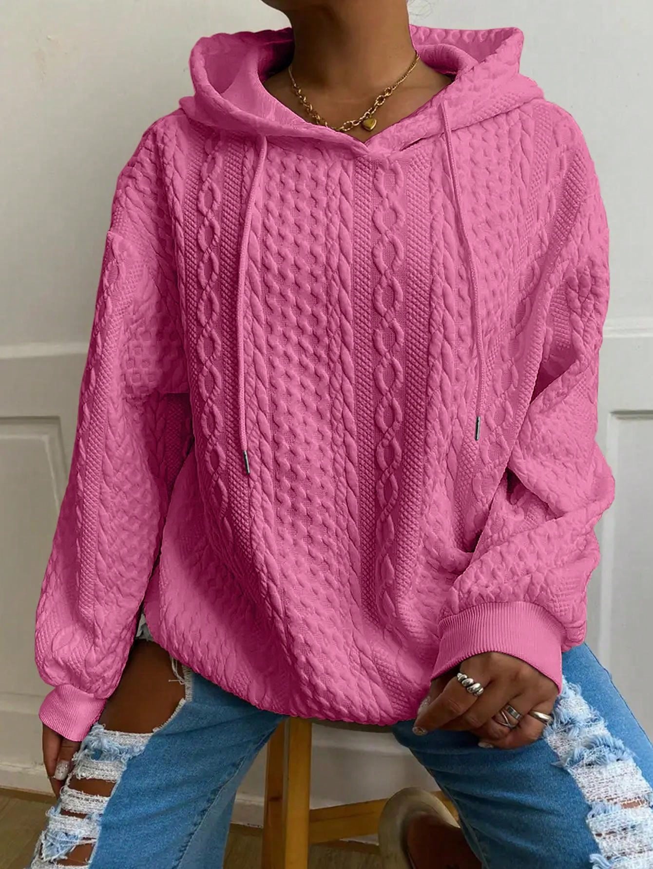 Plus Size Women Loose Casual Solid Color Jacquard Knit Long Sleeve Hoodie Sweatshirt