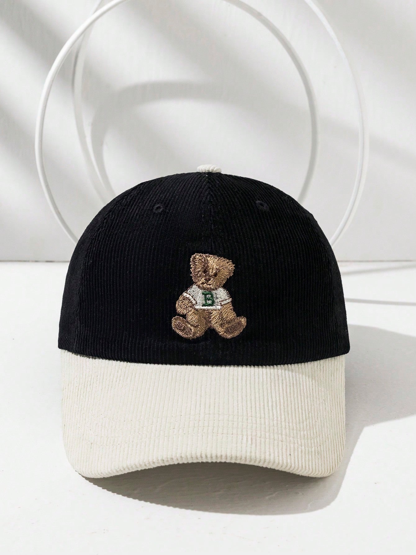 1pc Retro Cute Embroidered Bear Corduroy Color Block Baseball Cap, Unisex Winter Hat