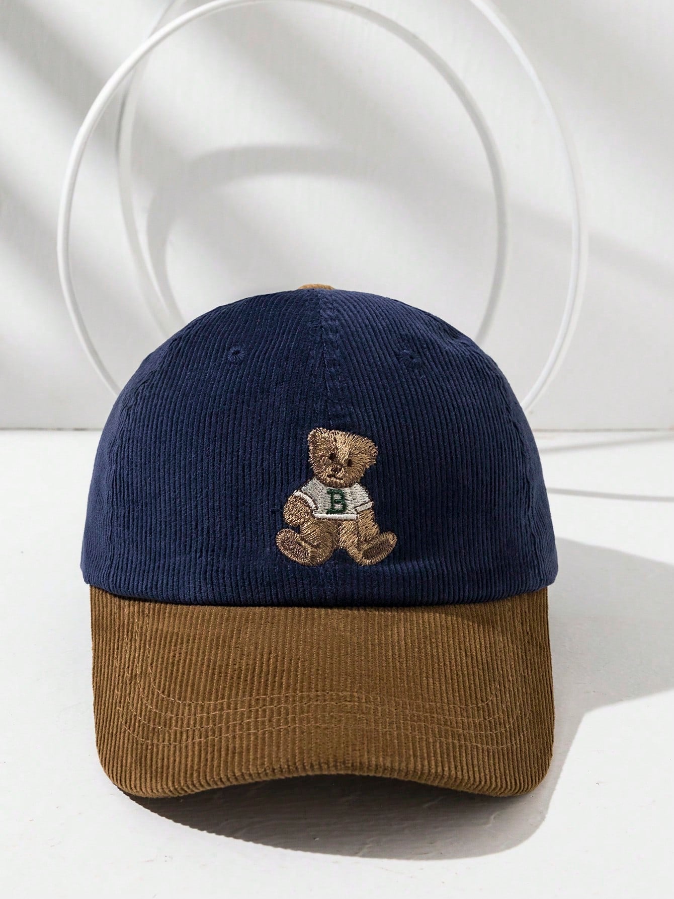 1pc Retro Cute Embroidered Bear Corduroy Color Block Baseball Cap, Unisex Winter Hat