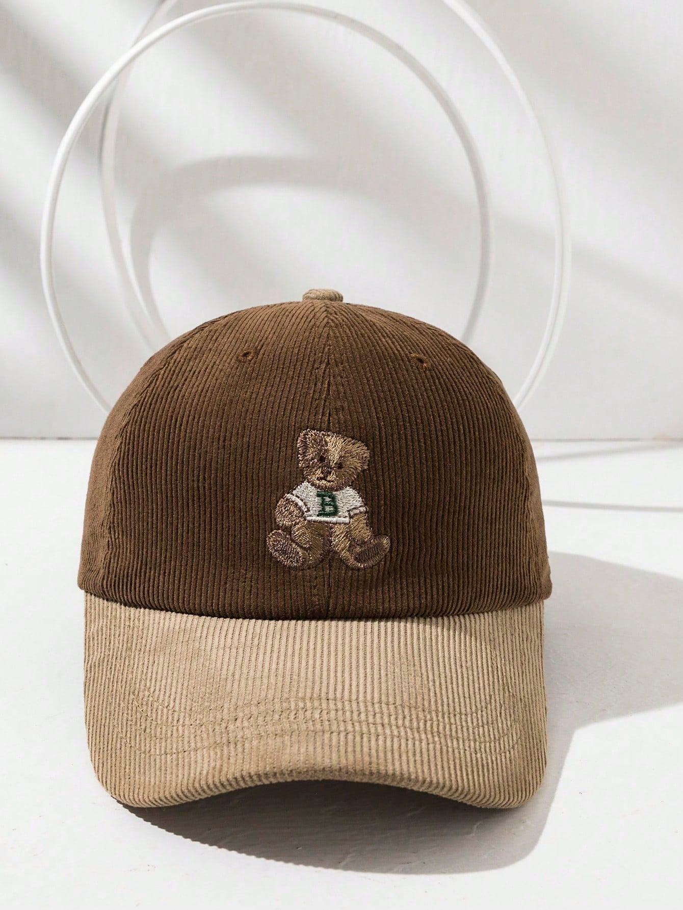 1pc Retro Cute Embroidered Bear Corduroy Color Block Baseball Cap, Unisex Winter Hat