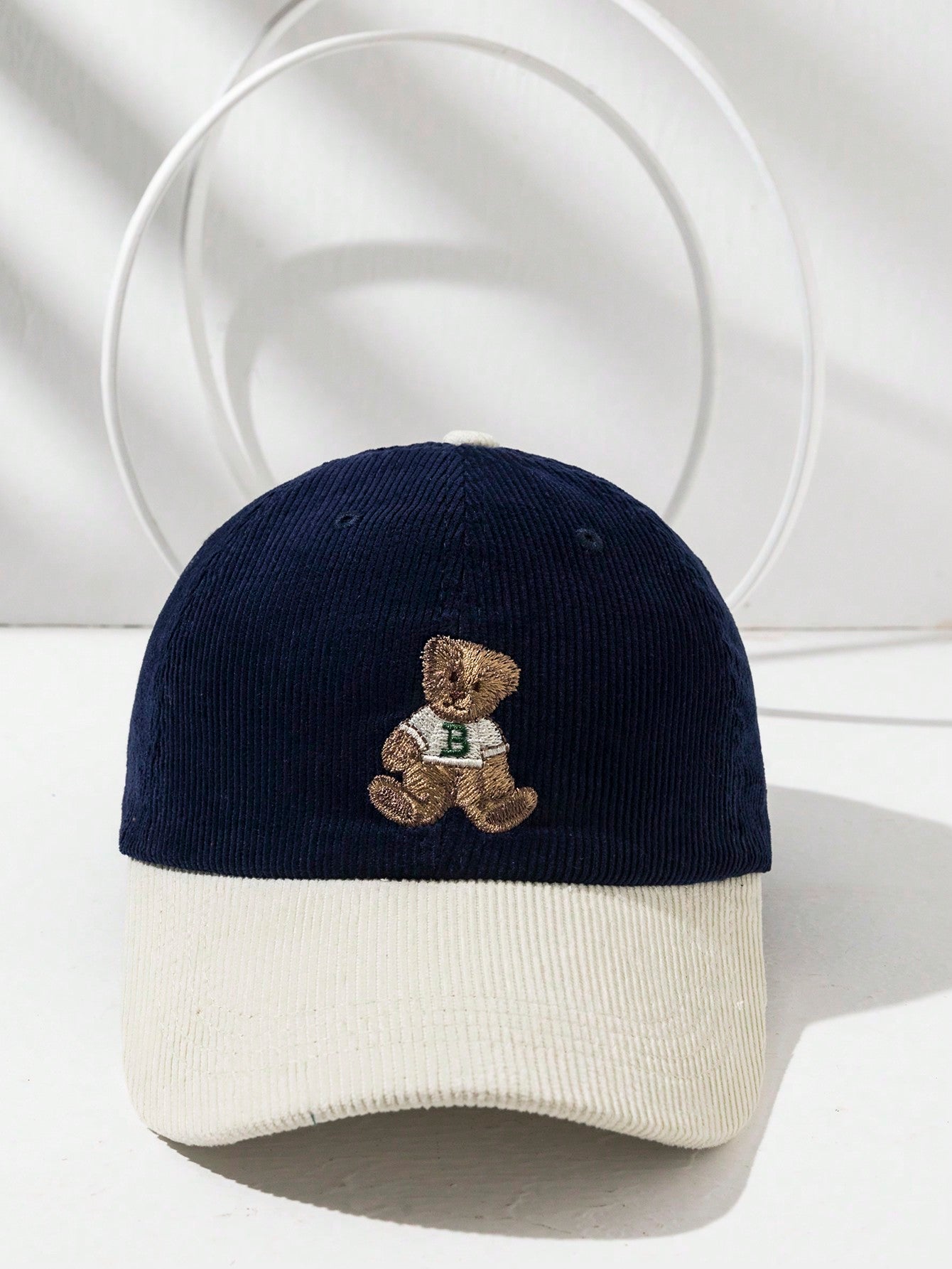 1pc Retro Cute Embroidered Bear Corduroy Color Block Baseball Cap, Unisex Winter Hat