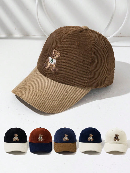 1pc Retro Cute Embroidered Bear Corduroy Color Block Baseball Cap, Unisex Winter Hat