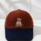 1pc Retro Cute Embroidered Bear Corduroy Color Block Baseball Cap, Unisex Winter Hat