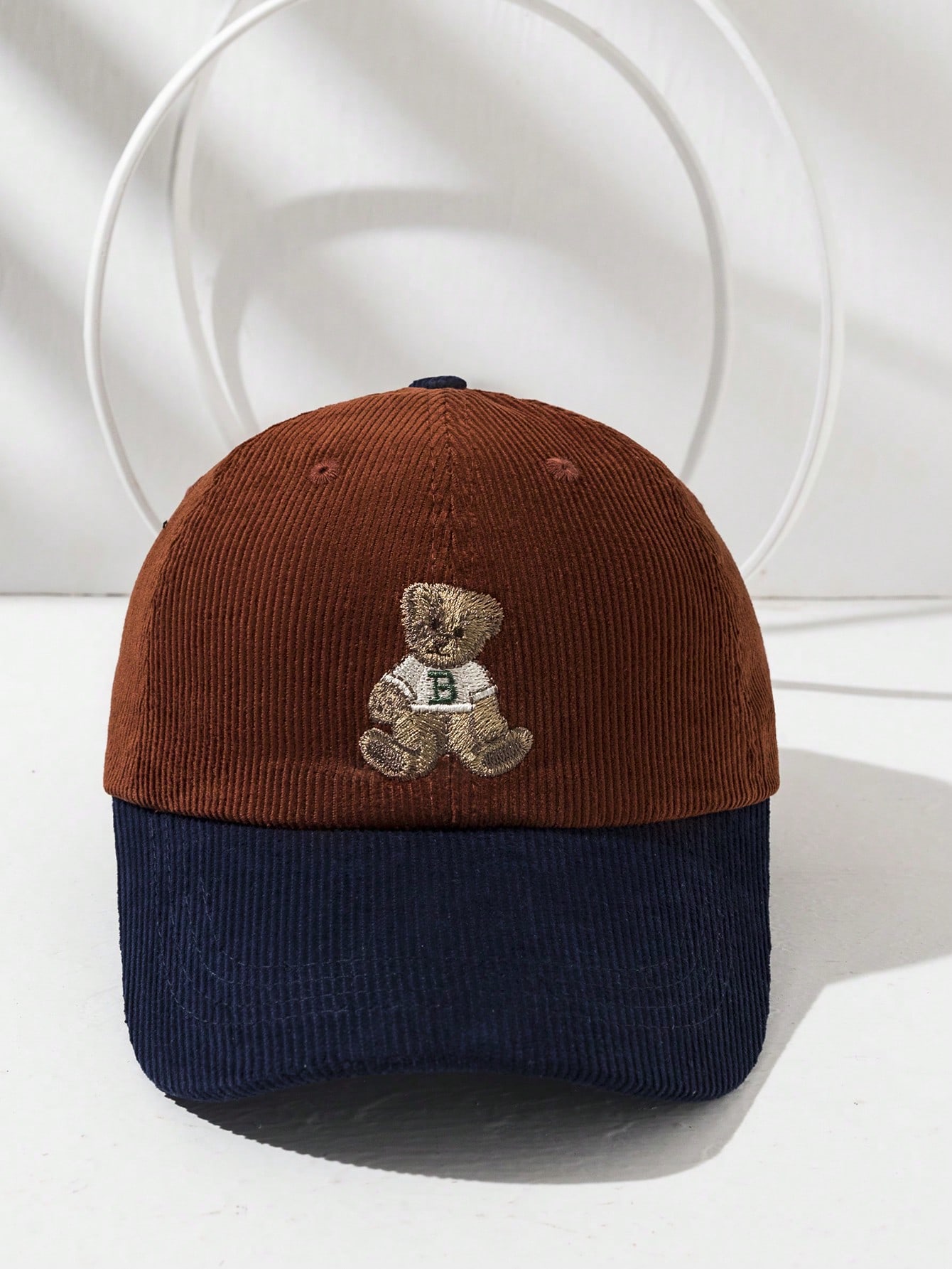 1pc Retro Cute Embroidered Bear Corduroy Color Block Baseball Cap, Unisex Winter Hat