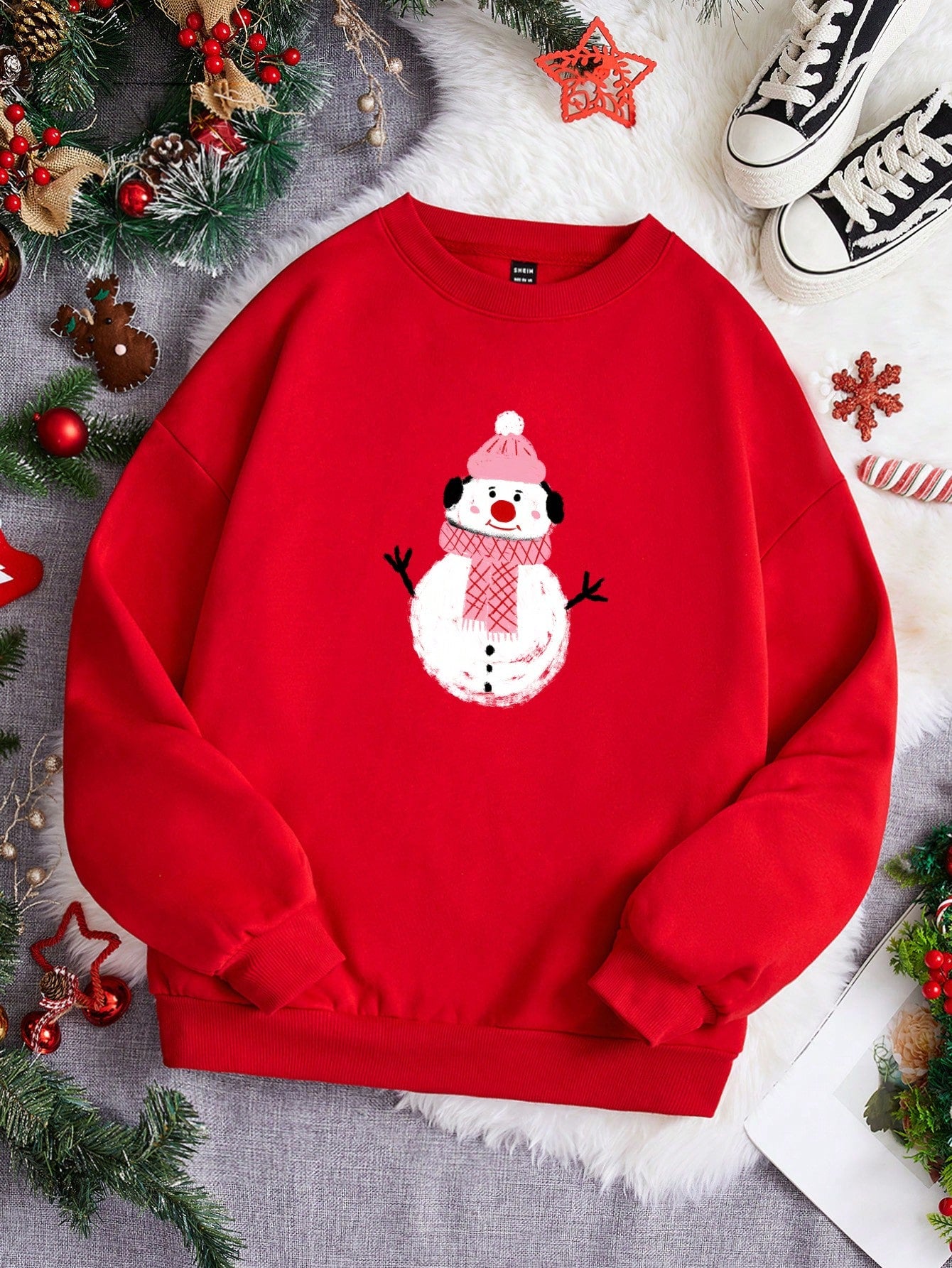 Gabriela Tornai Merry Christmas Snowflake, Street Trend, Snowman Print Casual Minimalist Pattern Round Neck Long Sleeve Loose Fit Thick Sweatshirt For Women