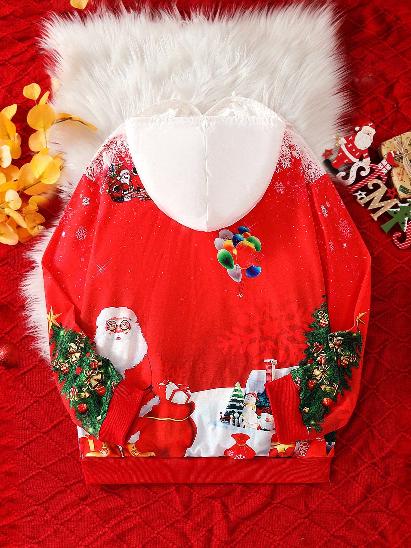 Family Matching Casual Christmas Hooded Sweatshirt For Men, Long Sleeve Pullover With Pocket, Santa Claus, Christmas Tree, Snowflake, Balloon Graphic Print, Winter New Arrival Christmas Outfit