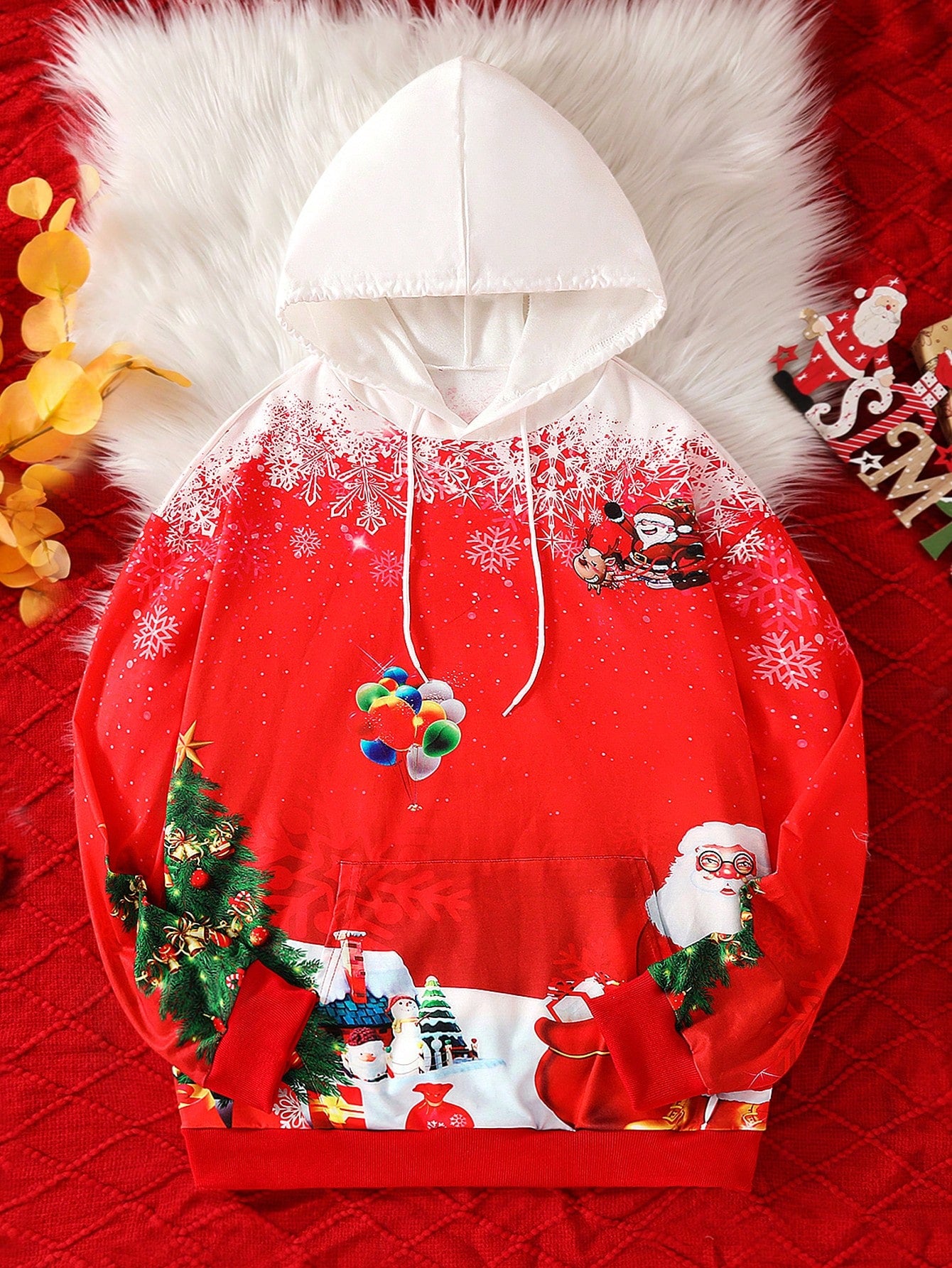 Family Matching Casual Christmas Hooded Sweatshirt For Men, Long Sleeve Pullover With Pocket, Santa Claus, Christmas Tree, Snowflake, Balloon Graphic Print, Winter New Arrival Christmas Outfit