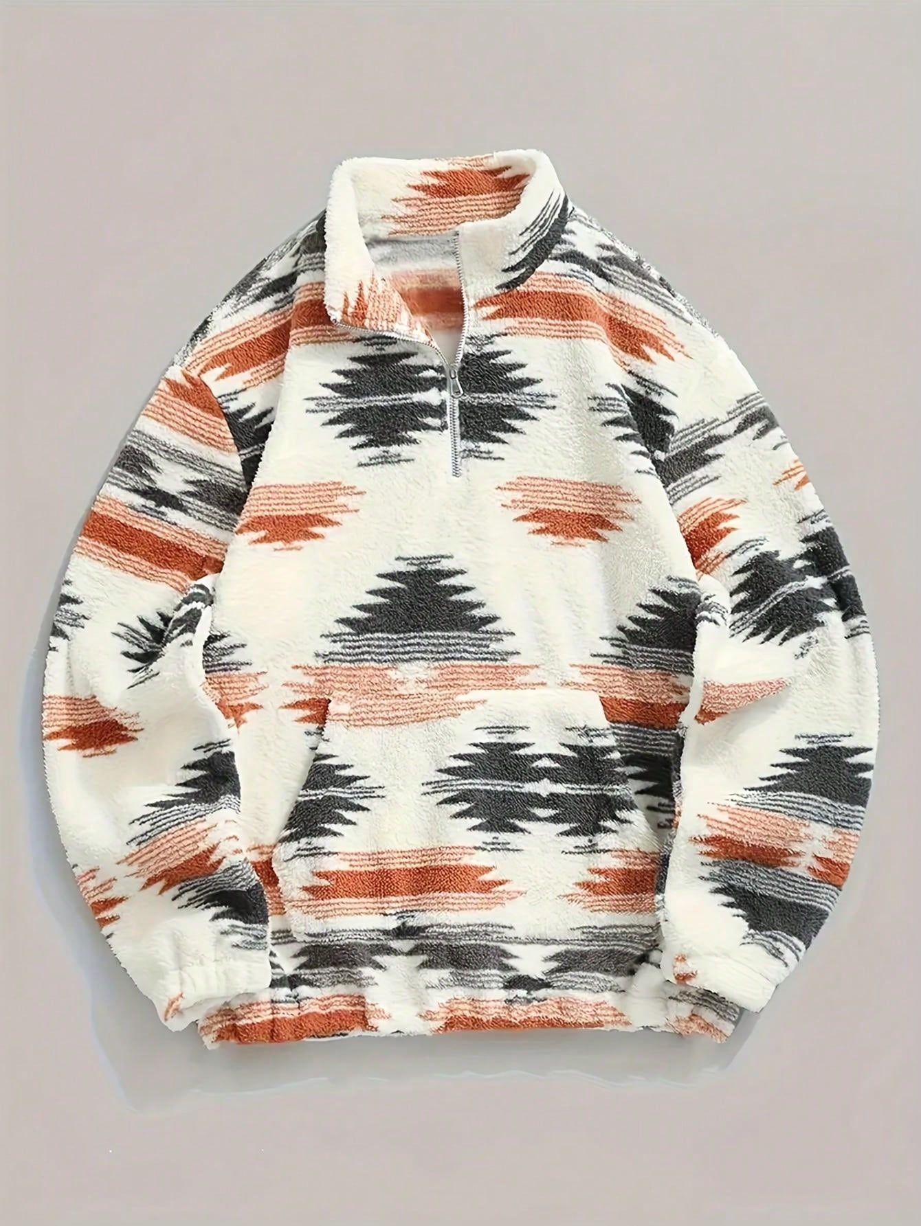 Printed Long Sleeve Sweatshirt, Fashion Versatile Warm Contrast Color Zip-Up Jacket For Women