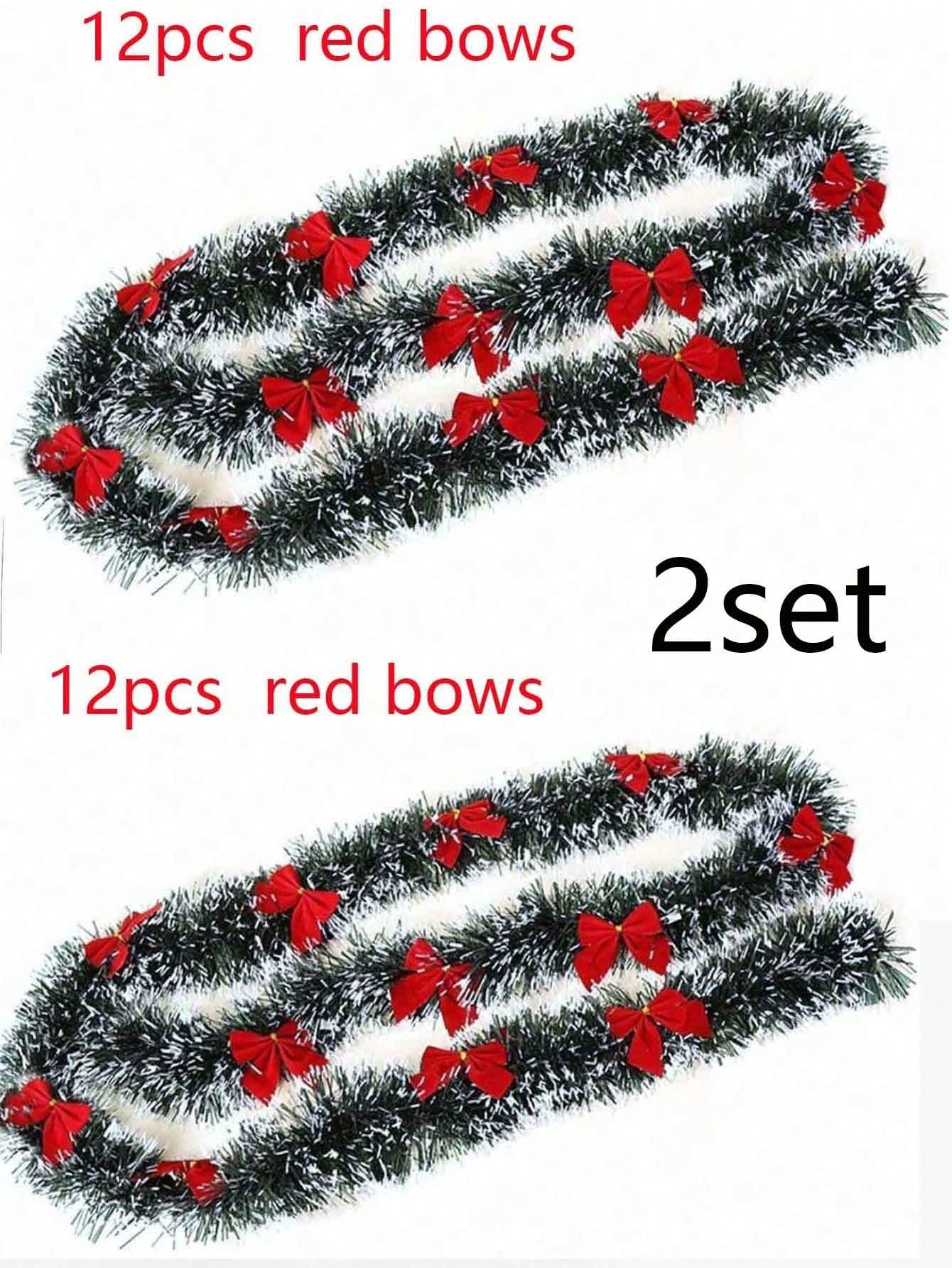 1pc Christmas Tinsel Garland, Dark Green Frost Tip Metallic Garland With 6/12pcs Red Bows, Artificial Xmas Garland For Home Indoor Outdoor Christmas Tree Decoration, Holiday Wedding Party Supplies