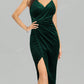 Missufe Women's Wrap Dark Green V Neck Slit Velvet Slim Fit Cocktail Dress Glittery Elegant Midi Adjustable Slip Dress, Prom Semi Formal Dress, For Birthday, Wedding Guest, Graduation, Dinner, Homecoming