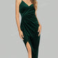 Missufe Women's Wrap Dark Green V Neck Slit Velvet Slim Fit Cocktail Dress Glittery Elegant Midi Adjustable Slip Dress, Prom Semi Formal Dress, For Birthday, Wedding Guest, Graduation, Dinner, Homecoming