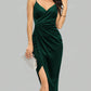 Missufe Women's Wrap Dark Green V Neck Slit Velvet Slim Fit Cocktail Dress Glittery Elegant Midi Adjustable Slip Dress, Prom Semi Formal Dress, For Birthday, Wedding Guest, Graduation, Dinner, Homecoming