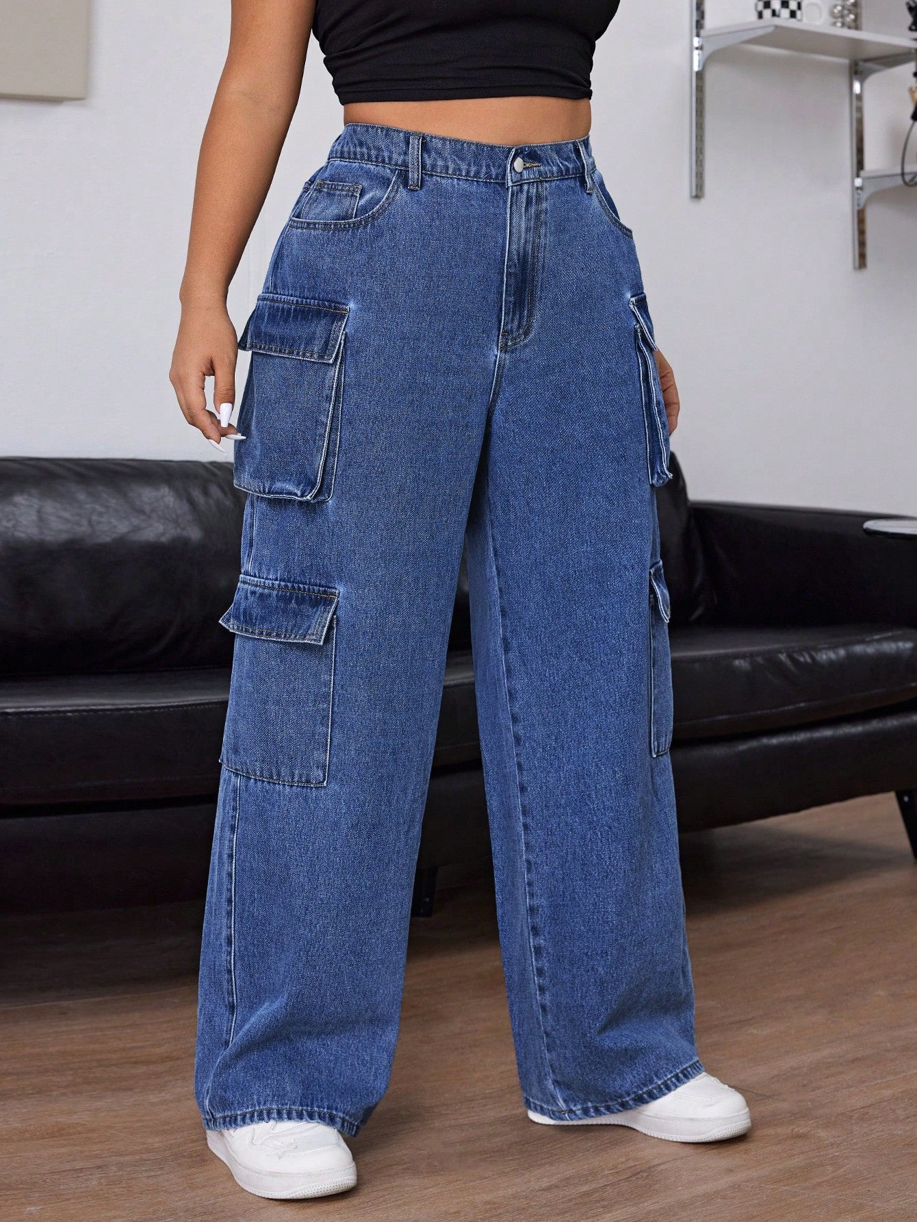 EZwear Plus Size Casual Washed Loose Wide Leg Cargo Jeans