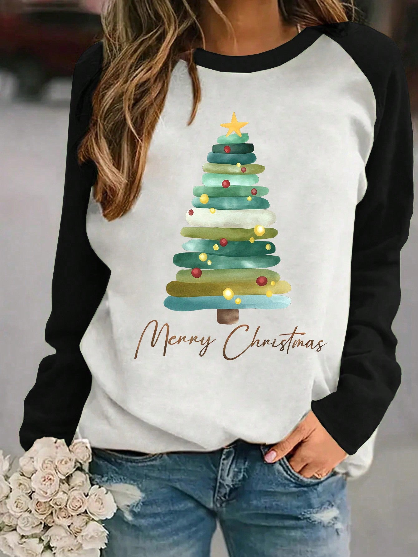 LUNE Women's Autumn Christmas Slogan Print Contrast Color Round Neck Raglan Sleeve Long Sleeve Casual T-Shirt