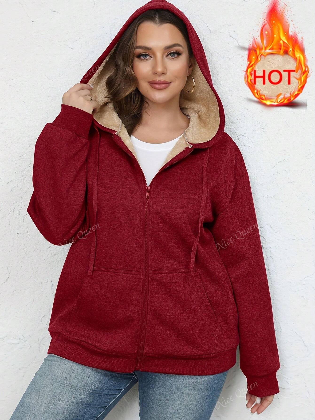 Women's Winter Warm Plus Fleece Thick Pocket Hooded Sportswear Jacket