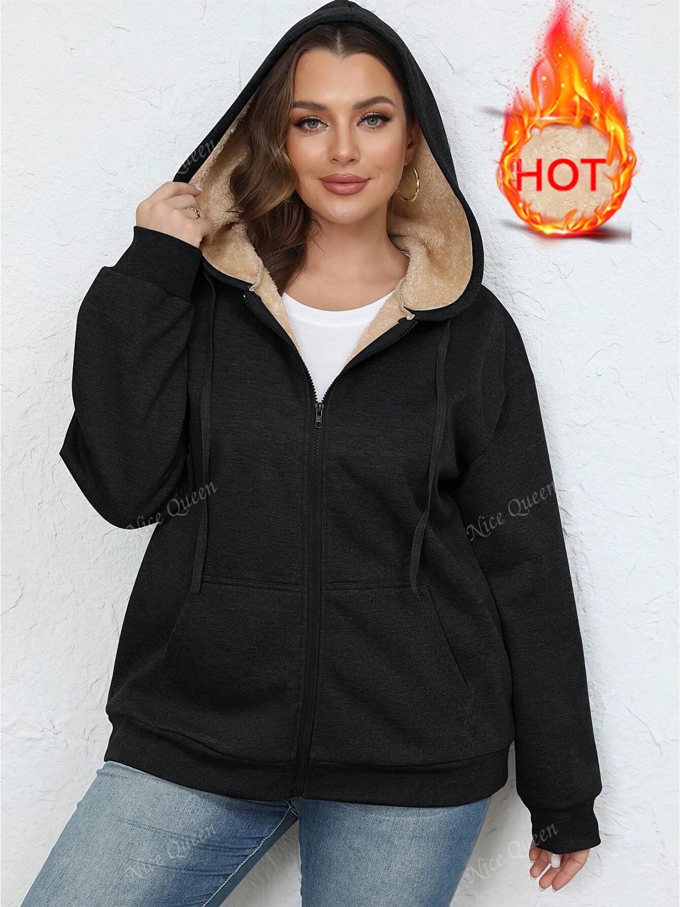 Women's Winter Warm Plus Fleece Thick Pocket Hooded Sportswear Jacket