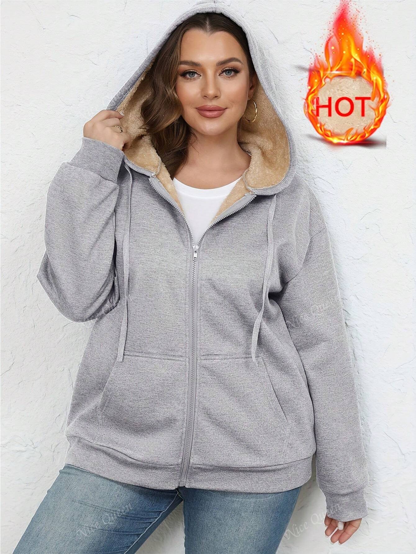 Women's Winter Warm Plus Fleece Thick Pocket Hooded Sportswear Jacket