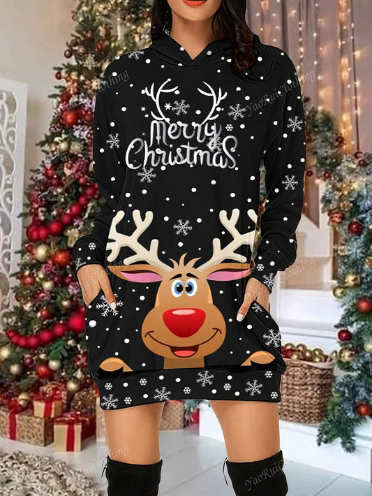 Women's Cute Reindeer Pattern Long Hooded Sweatshirt Dress Versatile Autumn Christmas Outfit