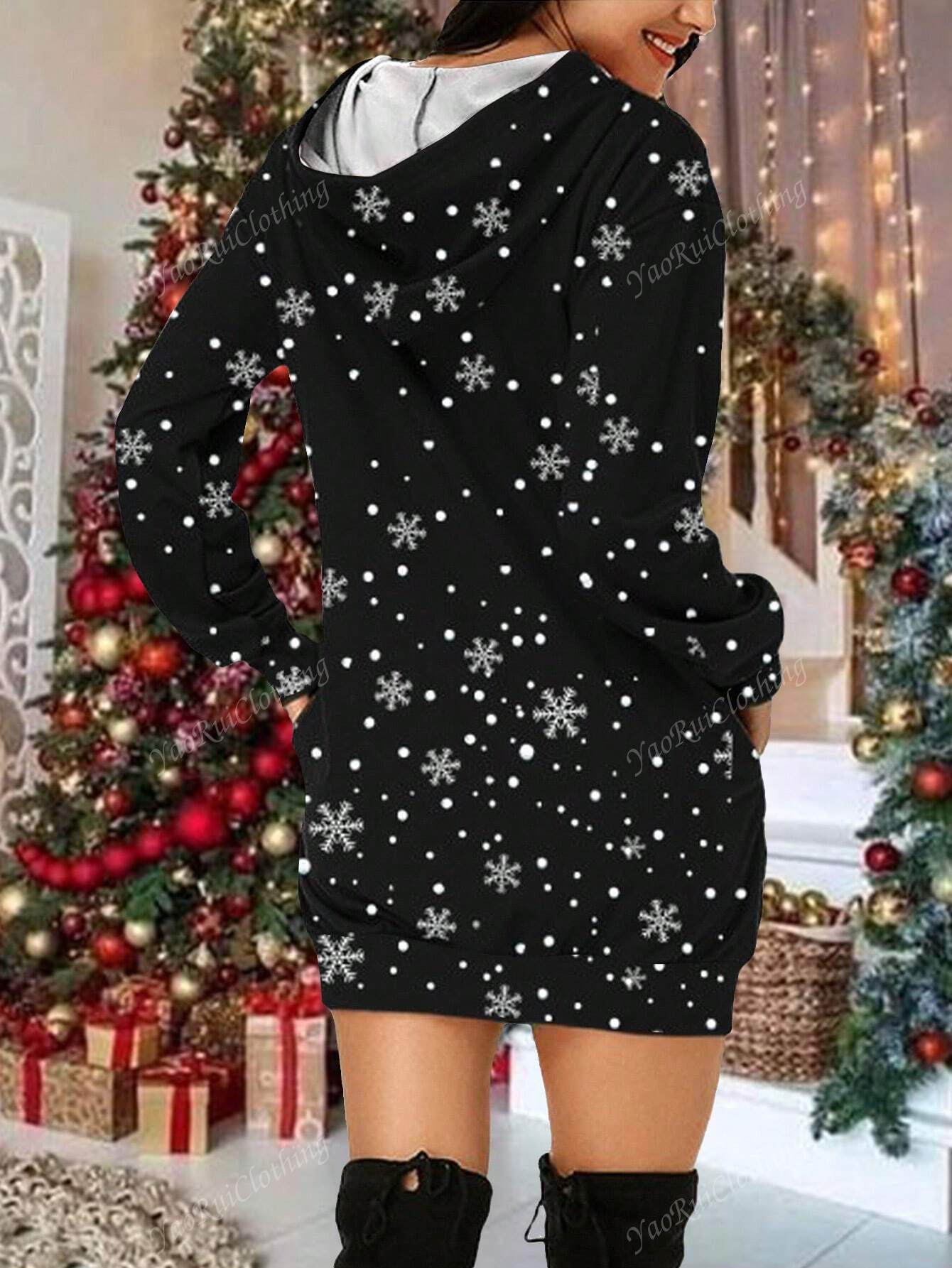 Women's Cute Reindeer Pattern Long Hooded Sweatshirt Dress Versatile Autumn Christmas Outfit