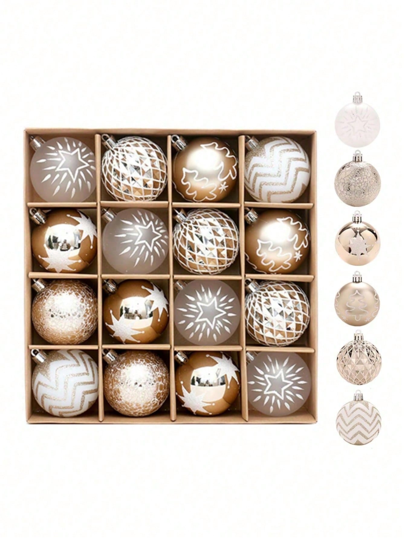 16PCS Christmas Tree Decorations, Christmas Ball Ornaments Set, Champagne Gold White Shatterproof 2.36''Christmas Tree Pendants For Home Party Indoor Outdoor Decor