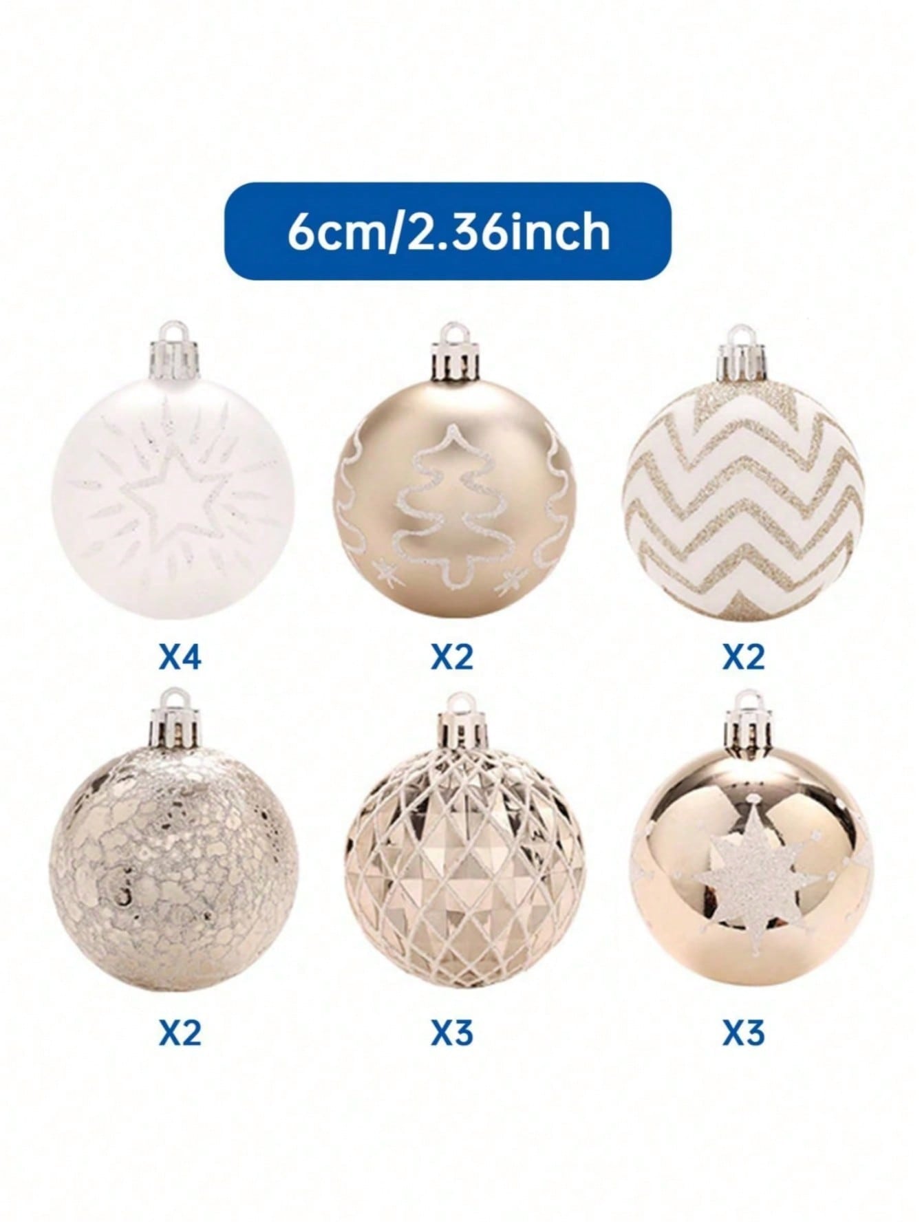 16PCS Christmas Tree Decorations, Christmas Ball Ornaments Set, Champagne Gold White Shatterproof 2.36''Christmas Tree Pendants For Home Party Indoor Outdoor Decor