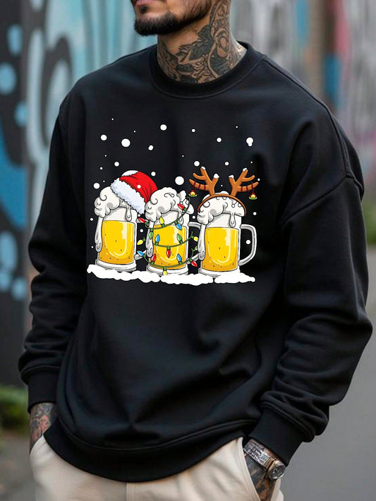 1pc Men's Casual Cartoon Christmas Beer Cup Print Fleece Crew Neck Sweatshirt, Christmas Party Gift