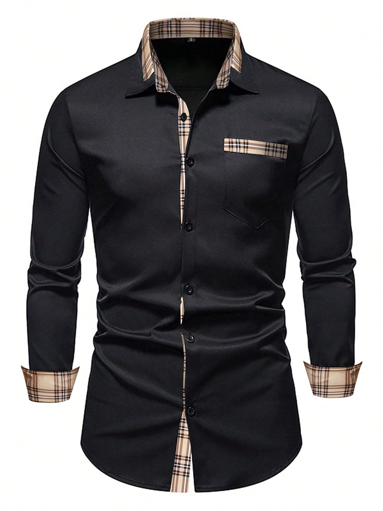 Men's Casual Business Plaid Splice Long Sleeve Shirt