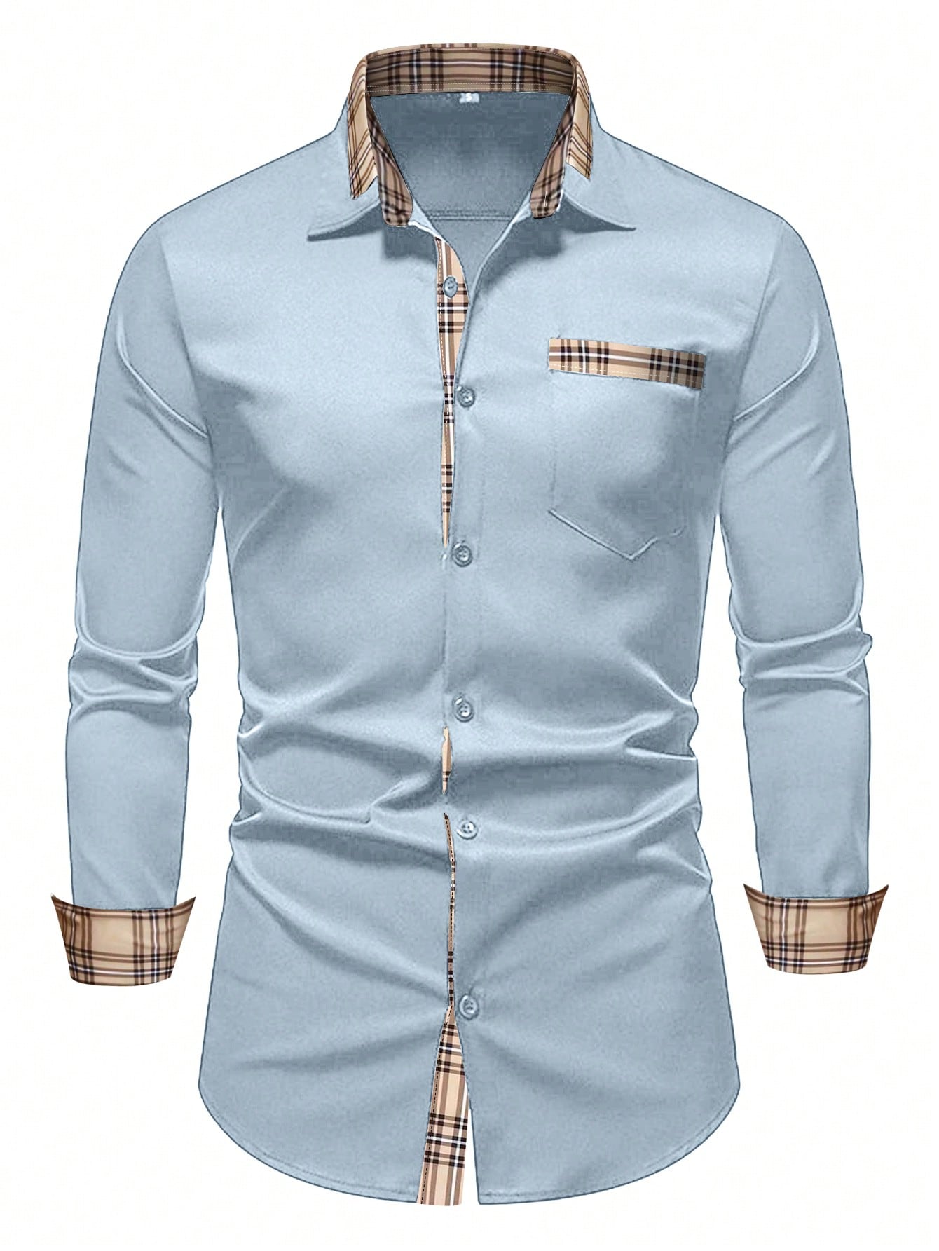 Men's Casual Business Plaid Splice Long Sleeve Shirt