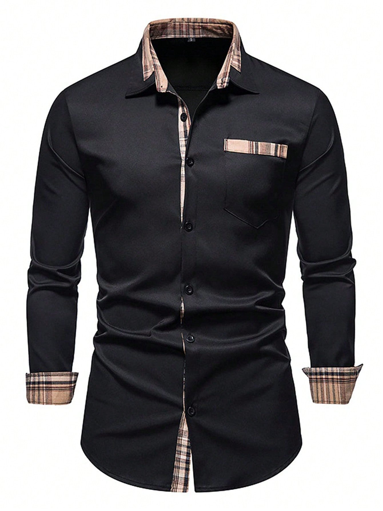 Men's Casual Business Plaid Splice Long Sleeve Shirt