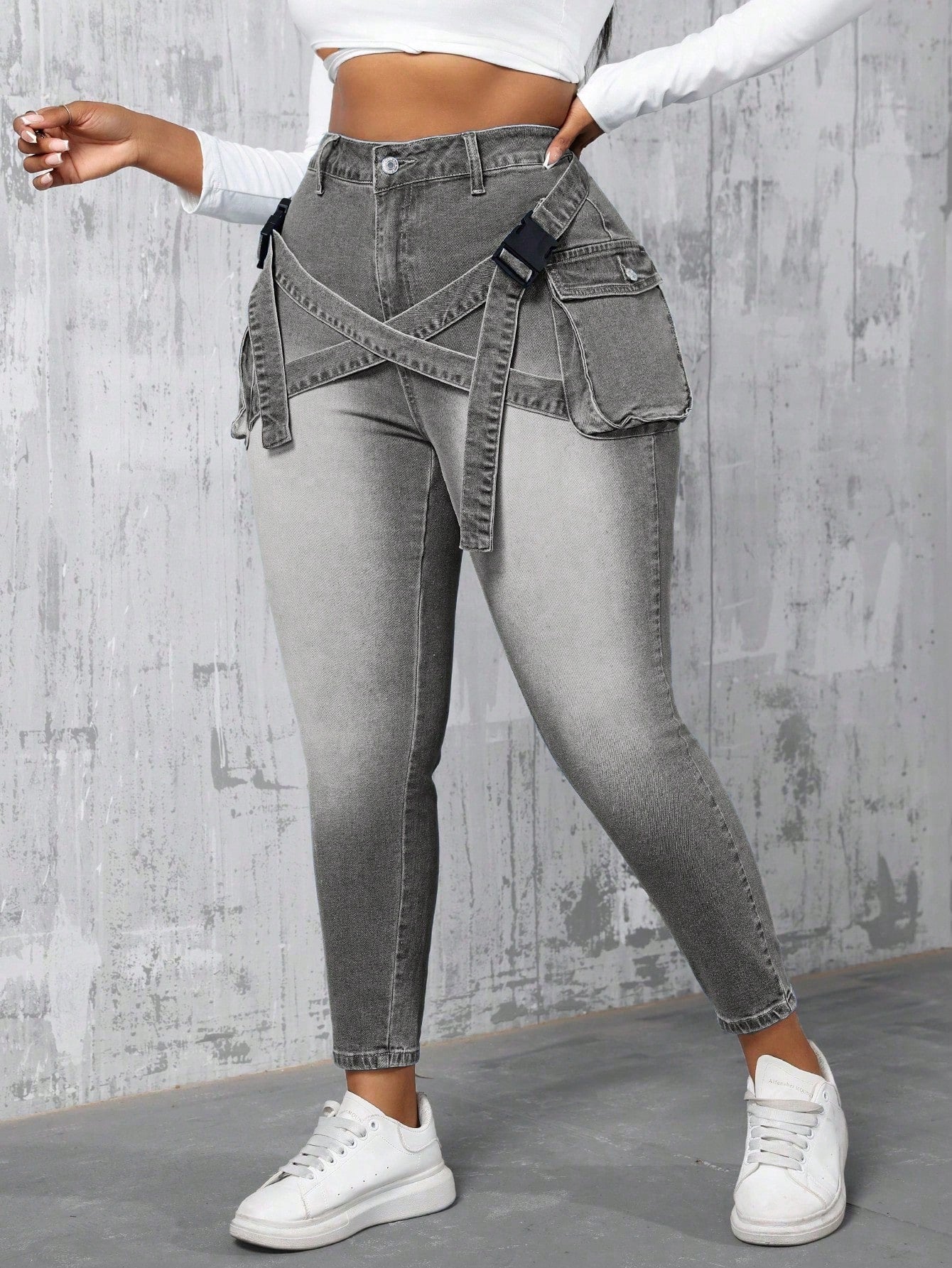 SXY Plus Size Mid Waist Elastic Denim Skinny Jeans With 3D Pockets