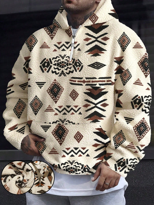 Ethnical Totem Print Hooded Fleece Half Zip Cardigan Jacket For Men