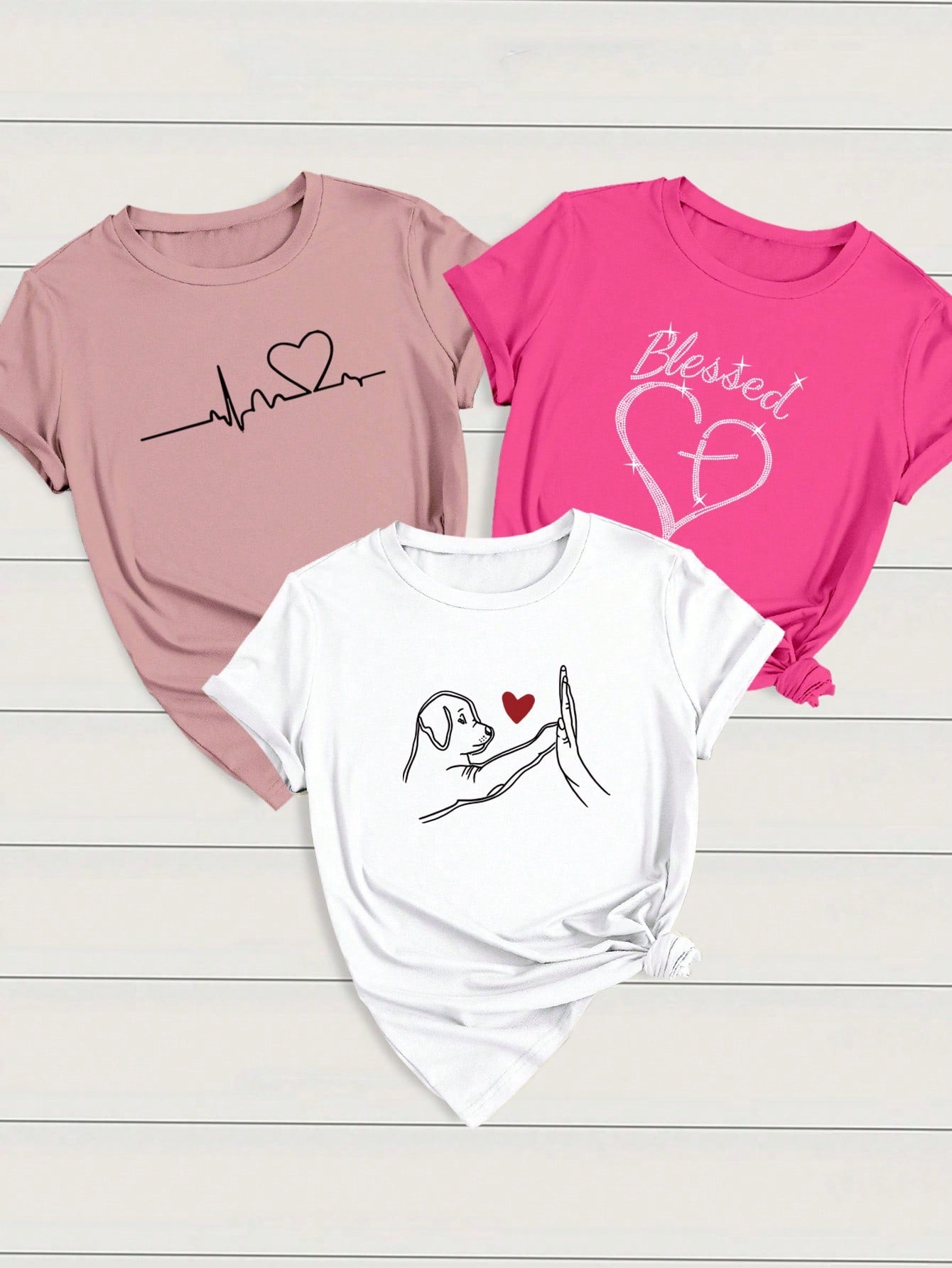 INAWLY  LUNE 3pcs/Set Women's Casual Outfit With Heart, ECG, And Letter Graphic Short Sleeve T-Shirt Graphic Tees Women Tops