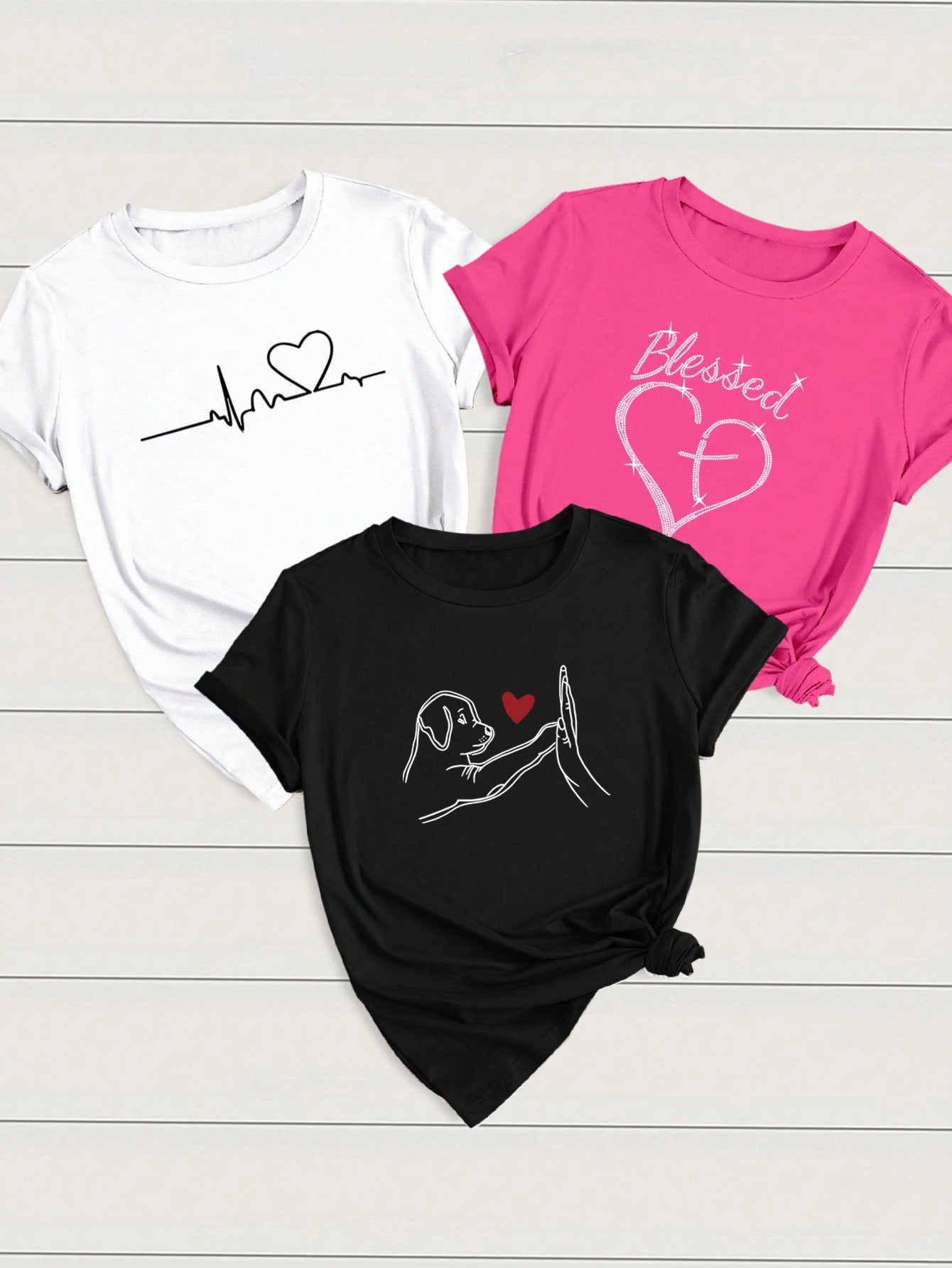 INAWLY  LUNE 3pcs/Set Women's Casual Outfit With Heart, ECG, And Letter Graphic Short Sleeve T-Shirt Graphic Tees Women Tops