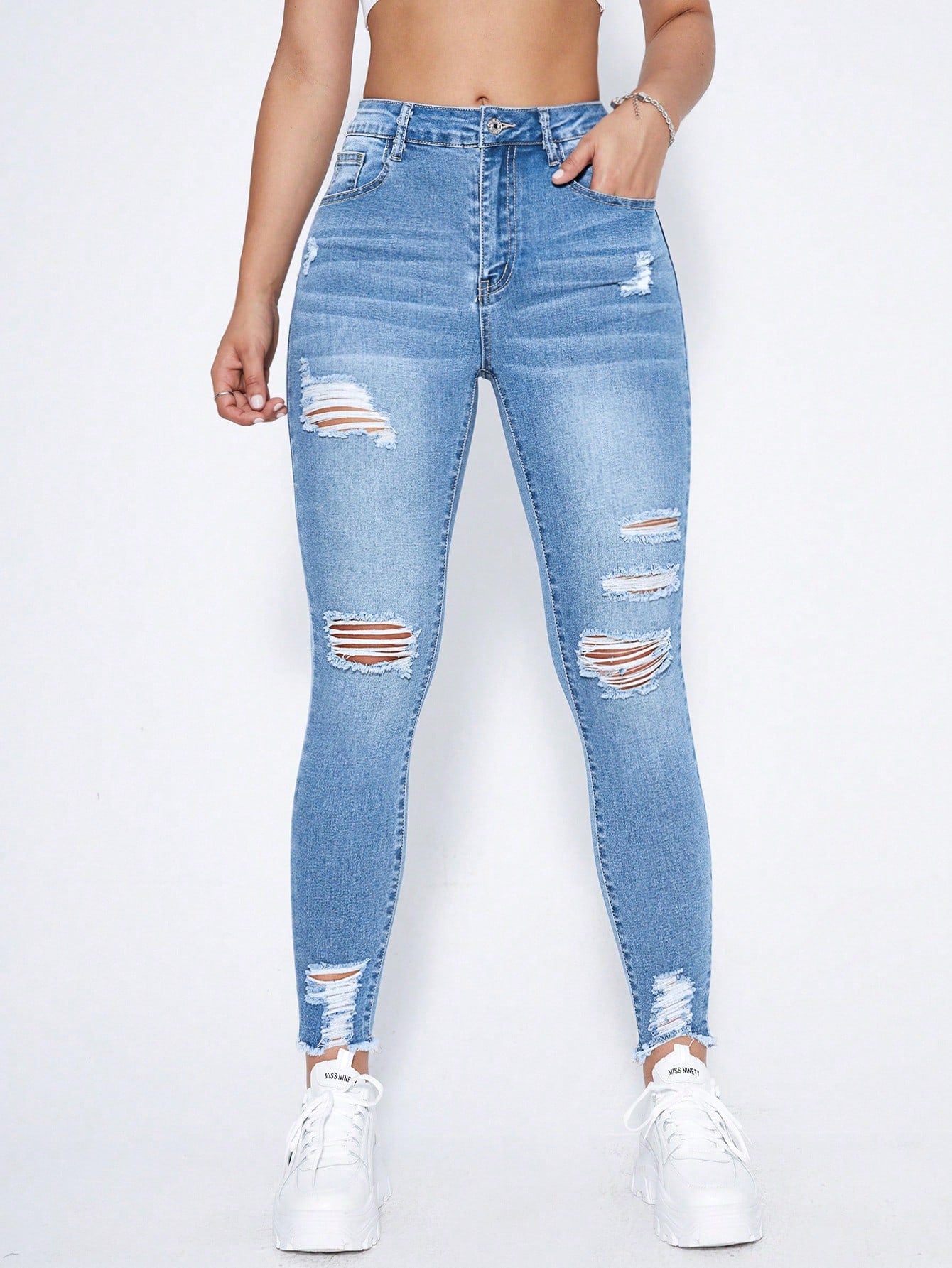 Essnce High Waist Ripped Moustache Effect Skinny Jeans