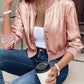 LUNE Autumn New Metallic Gold Zipper Ribbed Cuffs Baseball Jacket, Slim Fit, Elegant, Versatile, Short Cardigan Top For New Year Holiday Party Clothes