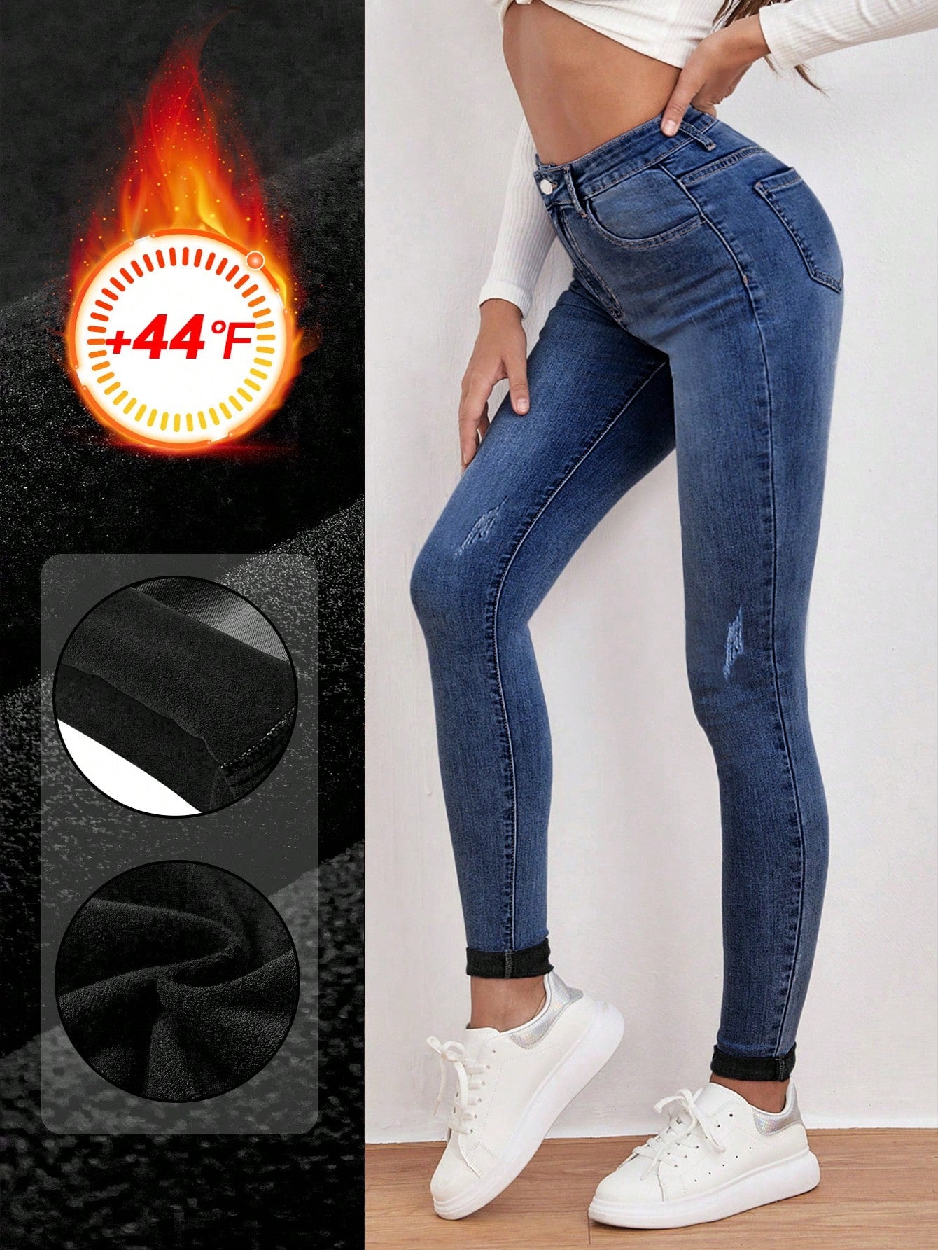 EZwear High-Waisted Button-Embellished Skinny Stretch Distressed Y2K Jeans