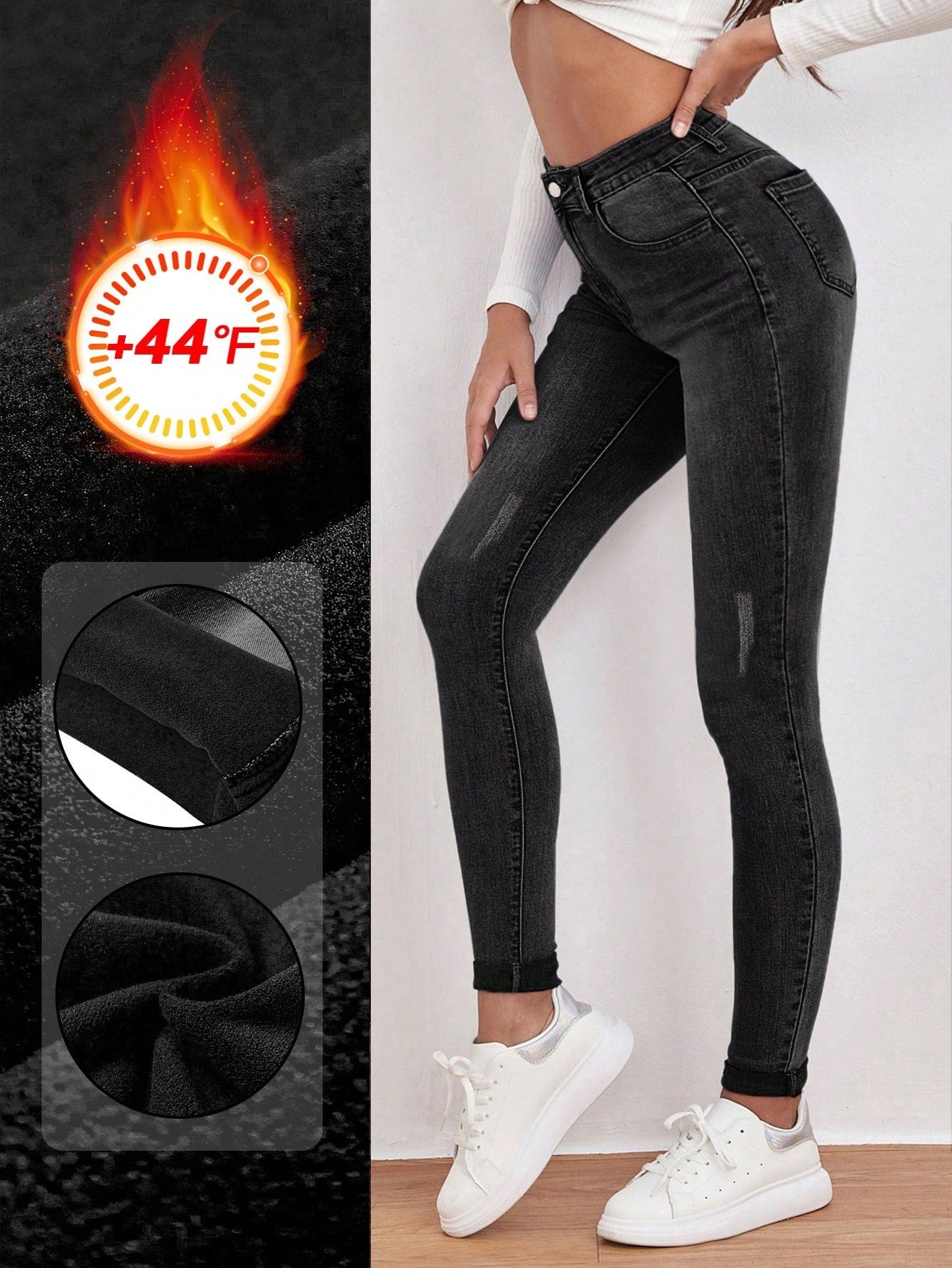 EZwear High-Waisted Button-Embellished Skinny Stretch Distressed Y2K Jeans