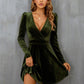 Women's Long Sleeve Dress V Neck Leg Of Mutton Sleeve Waisted A-Line Velvet Dress