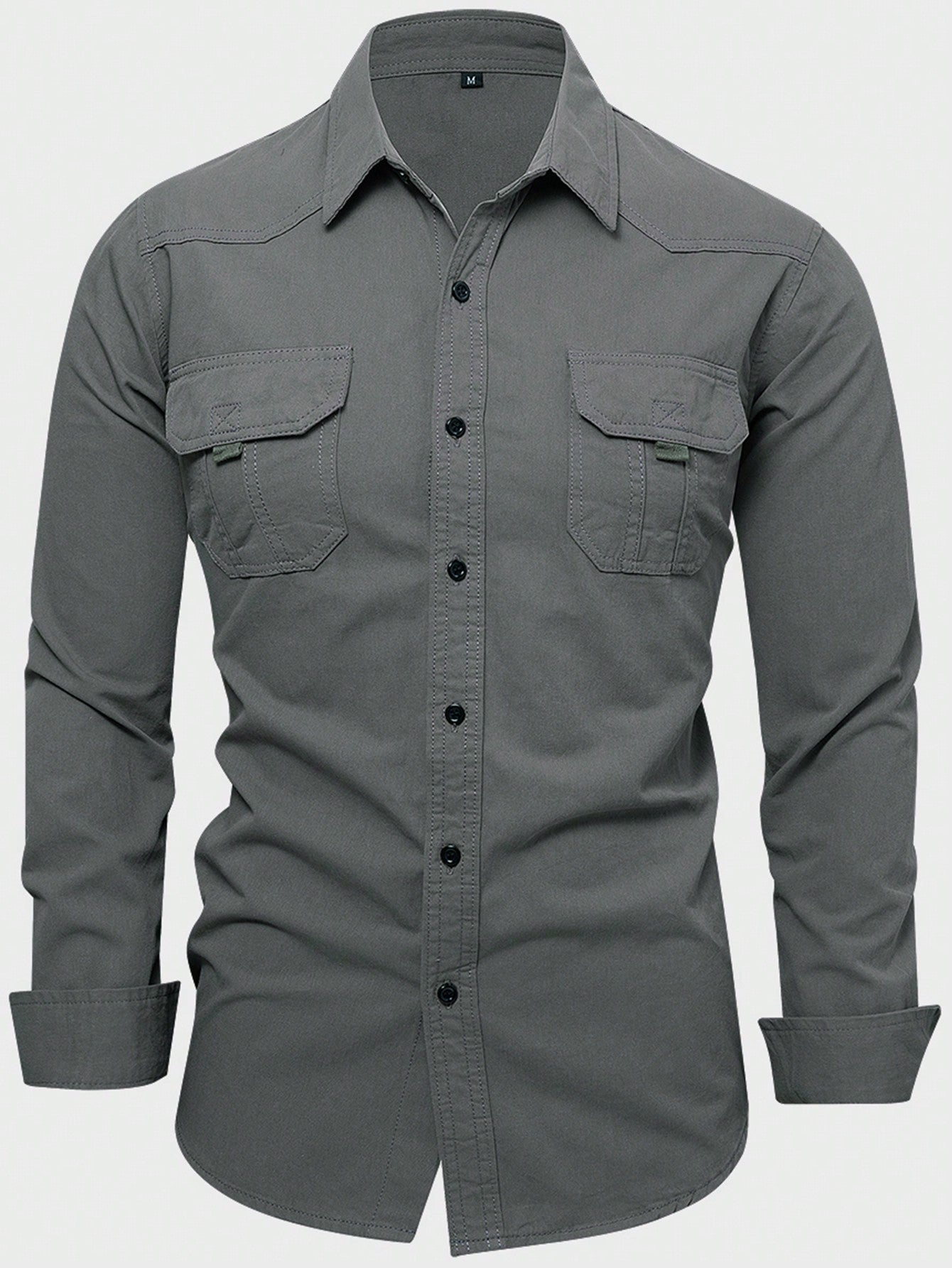 Men's Solid Color Long Sleeve Cargo Work Pockets Button-Down Shirts With Metal Badge