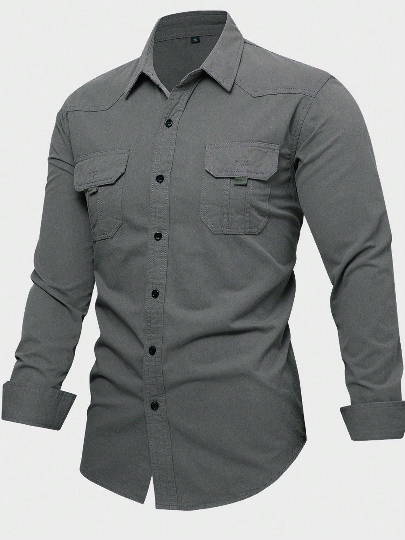 Men's Solid Color Long Sleeve Cargo Work Pockets Button-Down Shirts With Metal Badge