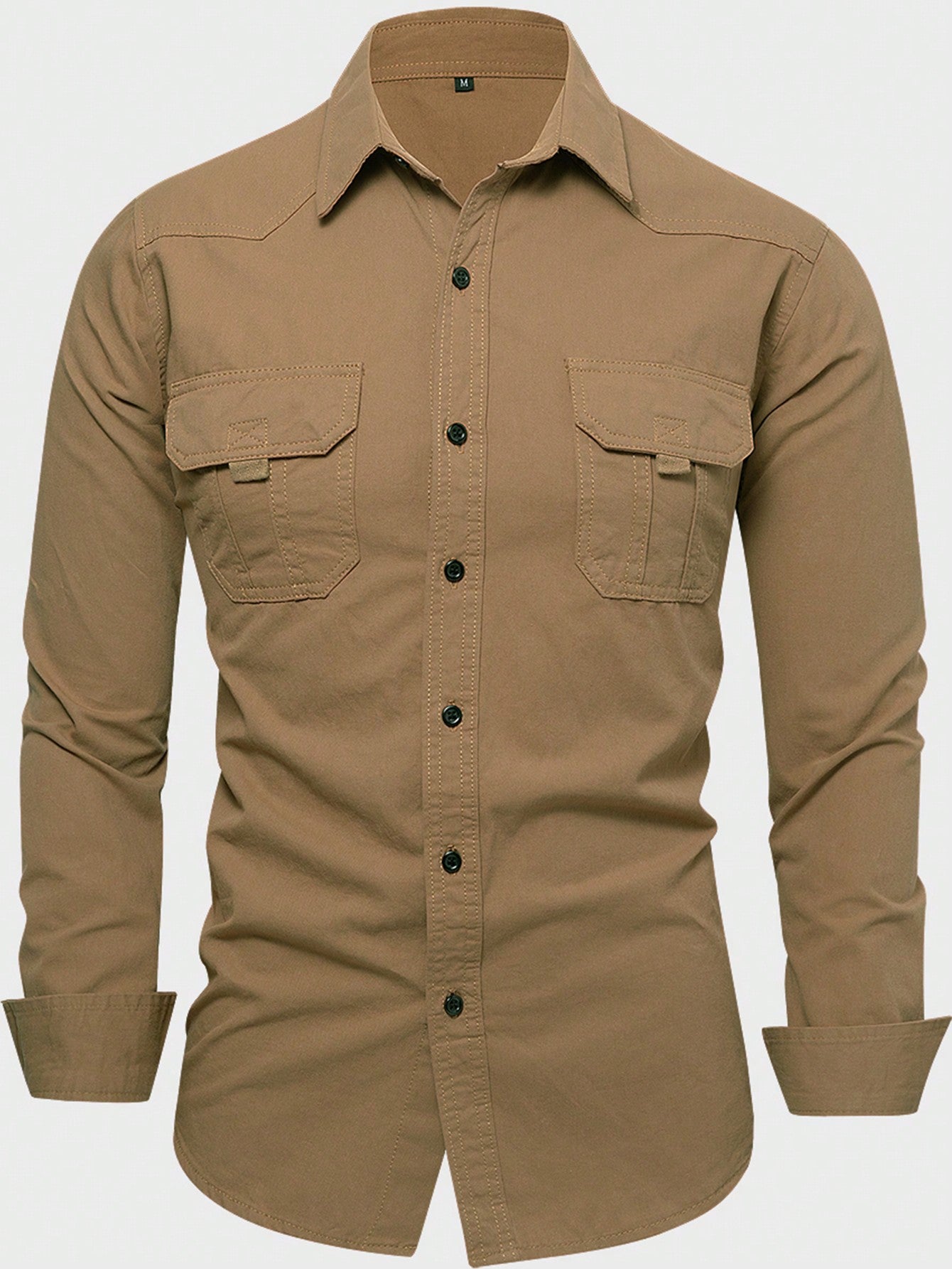 Men's Solid Color Long Sleeve Cargo Work Pockets Button-Down Shirts With Metal Badge