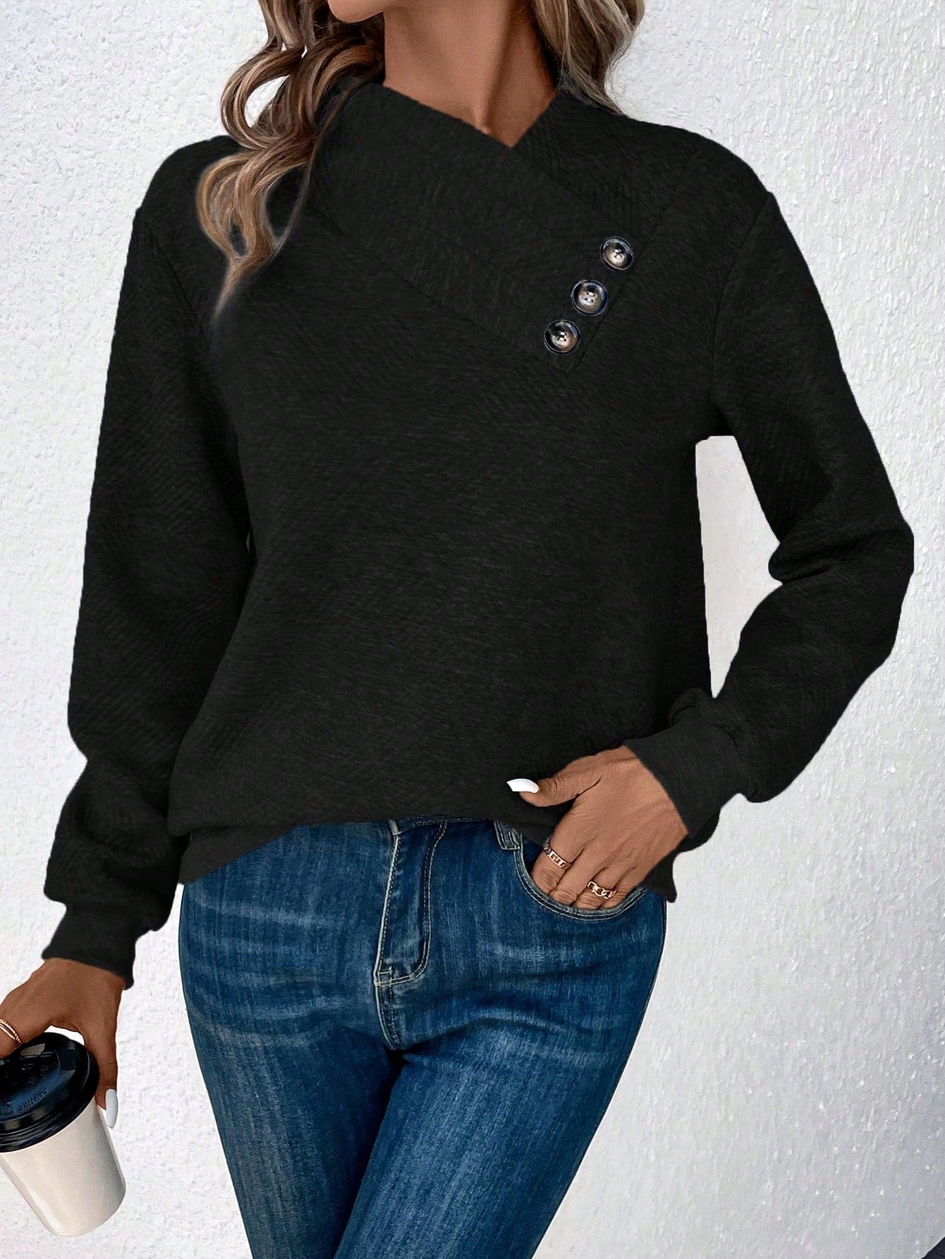 EMERY ROSE Button Detail Asymmetrical Neck Drop Shoulder Sweatshirt,Long Sleeve Tops