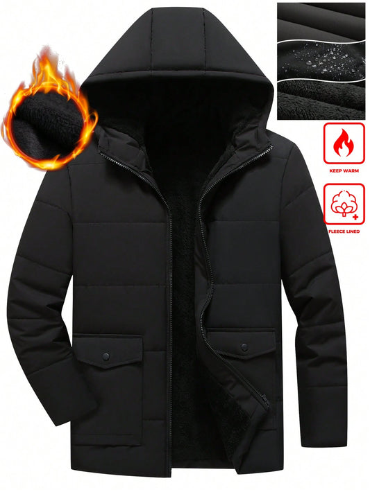 Manfinity Homme Men's Hooded Zip-Up Jacket For Winter, Going Out Black Bubble Coat, For Friends, Husband, Boyfriend Gifts