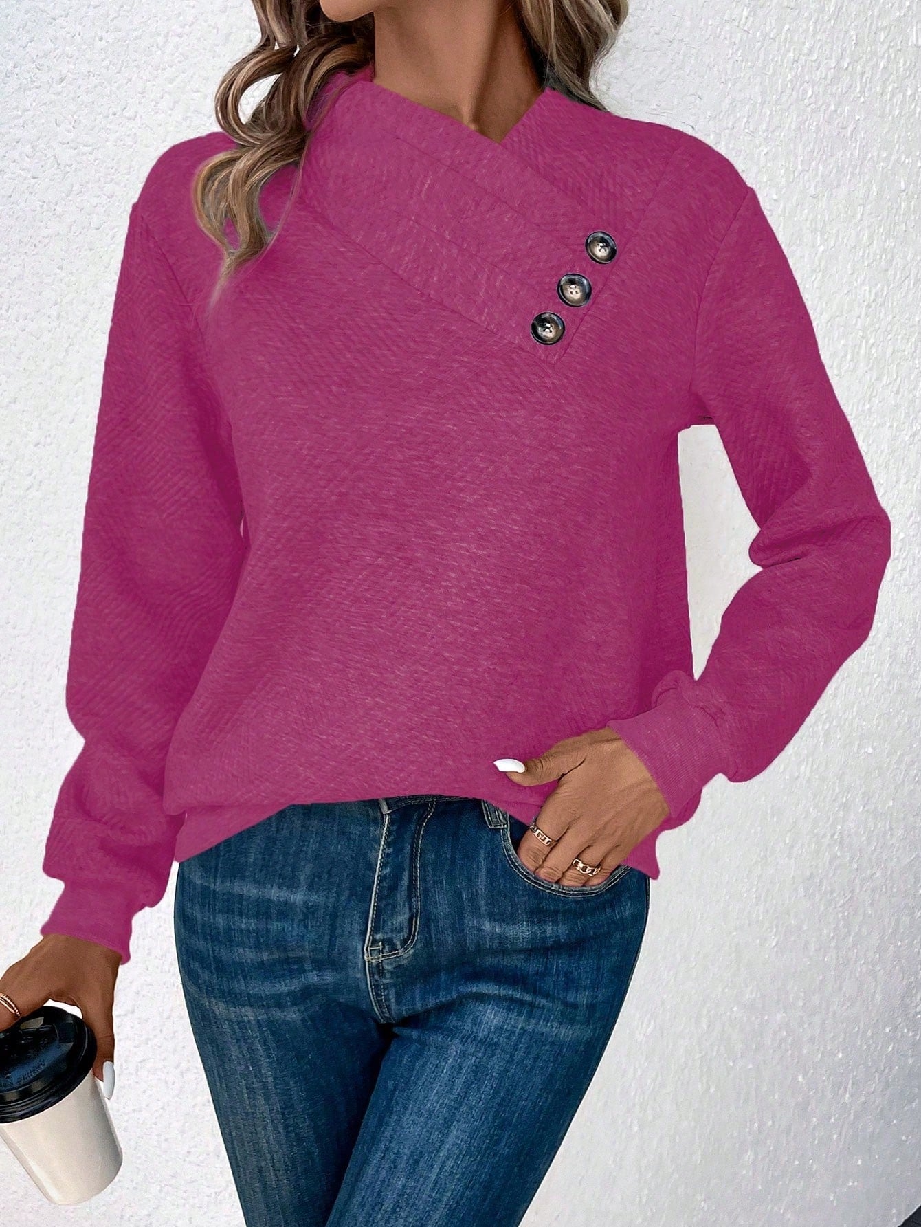 EMERY ROSE Button Detail Asymmetrical Neck Drop Shoulder Sweatshirt,Long Sleeve Tops