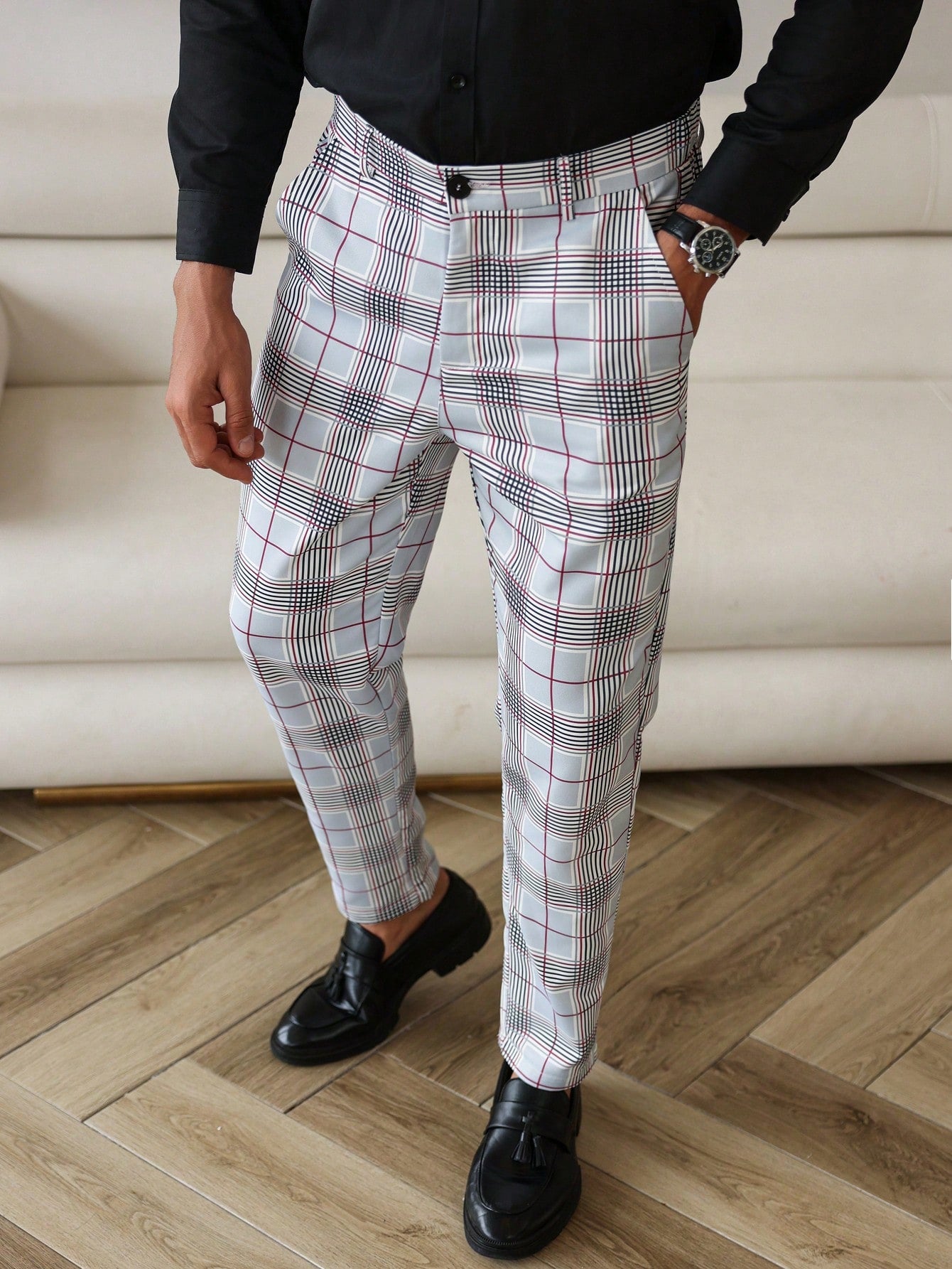 Manfinity Bizformal Men's Fashionable Plaid Printed Tapered Dress Pants